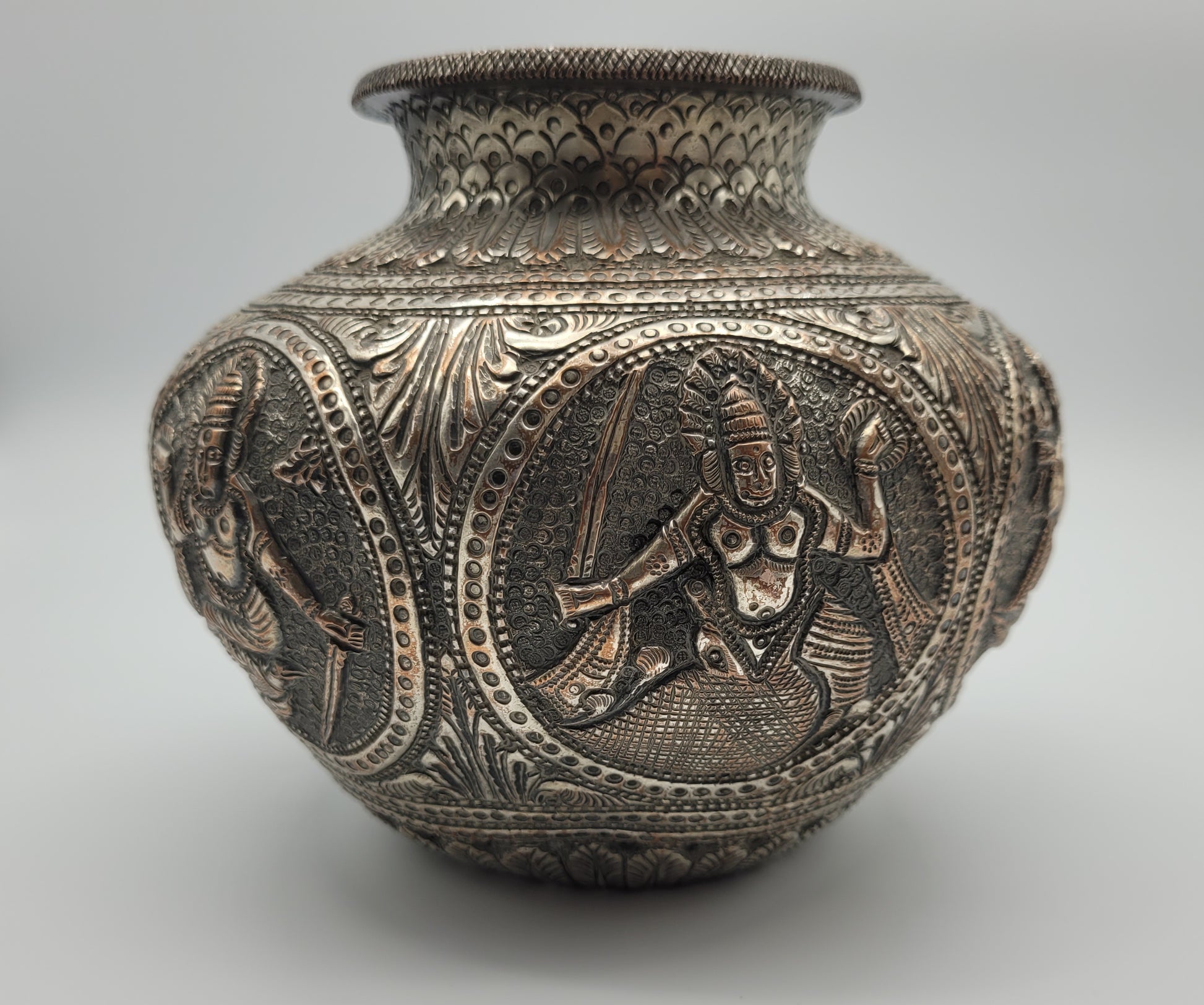 Antique White Metal Jar Hand Decorated