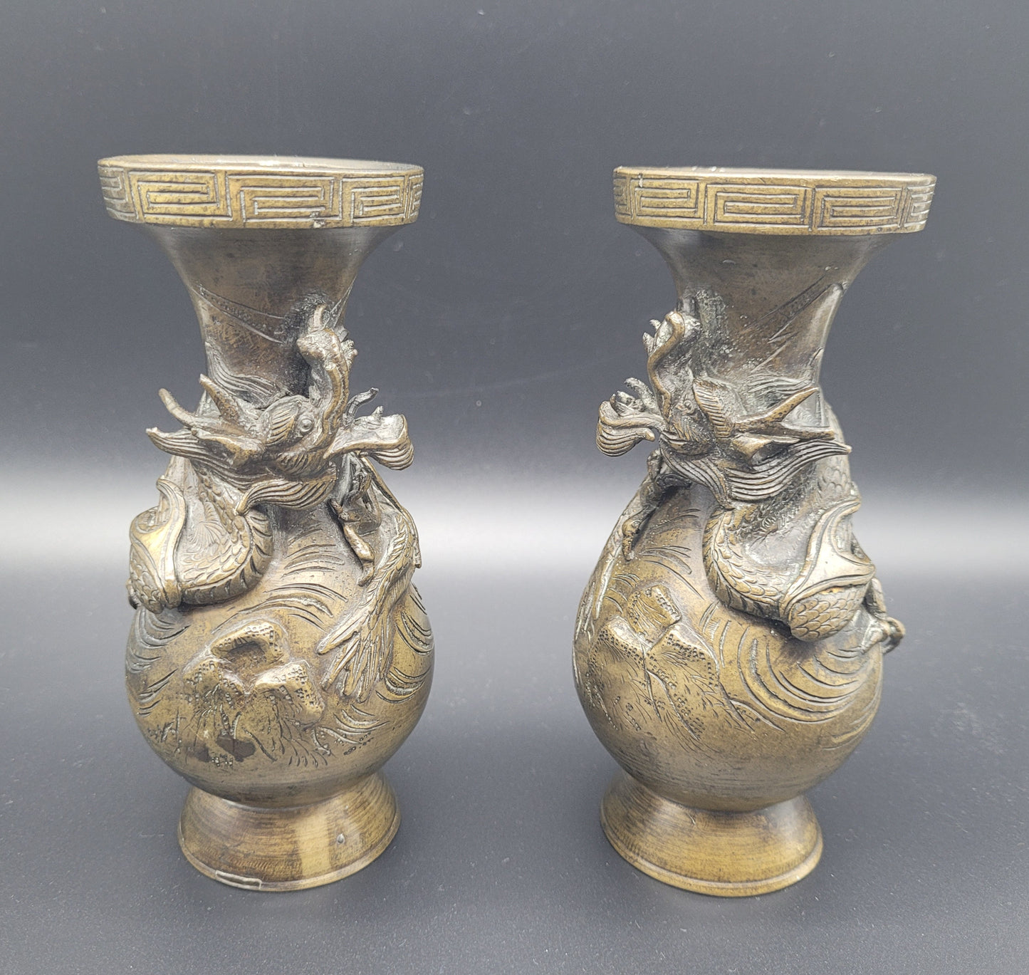 Antique Chinese Bronze Dragon Vases Pair 19th Century