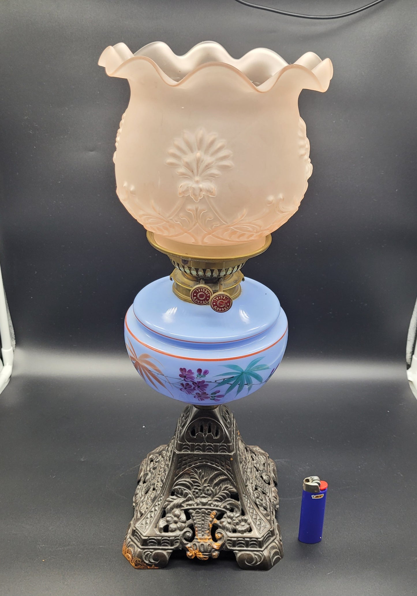 Antique Oil Lamp cast iron base glass bowl