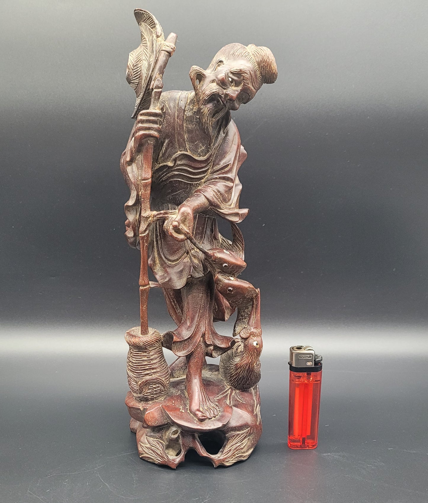 Antique Chinese 19th Century Wood Carving Fisherman Figure