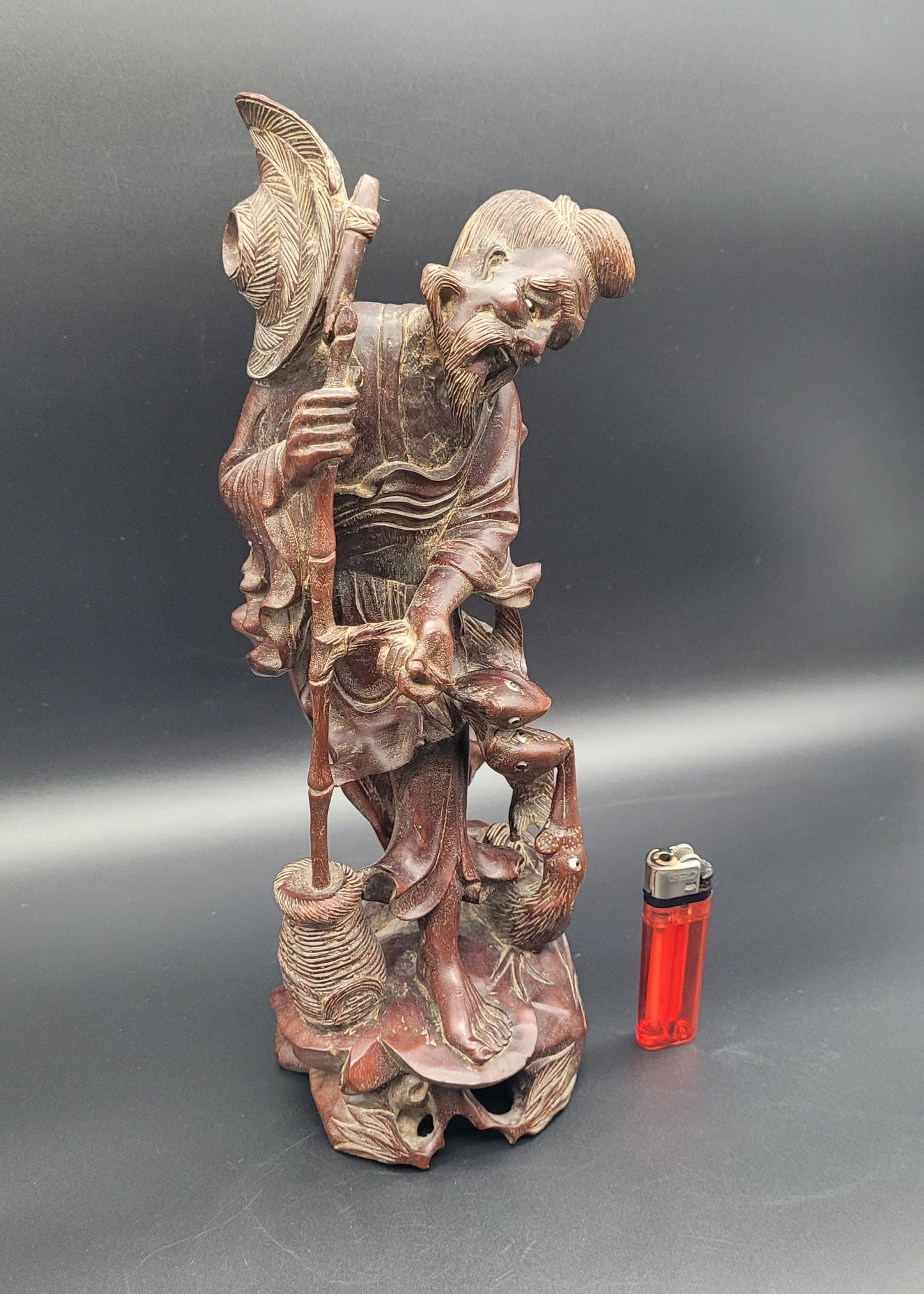 Antique Chinese 19th Century Wood Carving Fisherman Figure