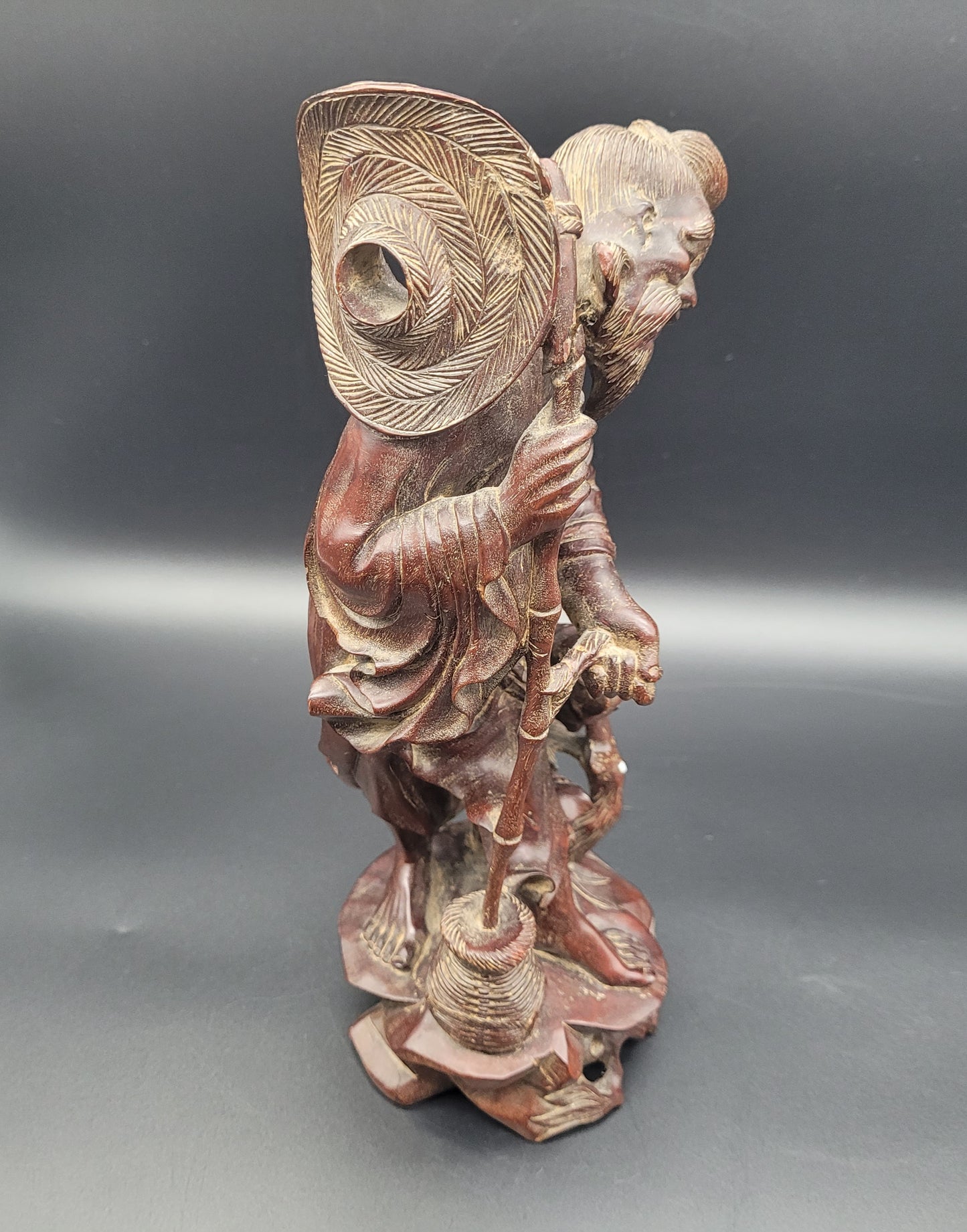 Antique Chinese 19th Century Wood Carving Fisherman Figure