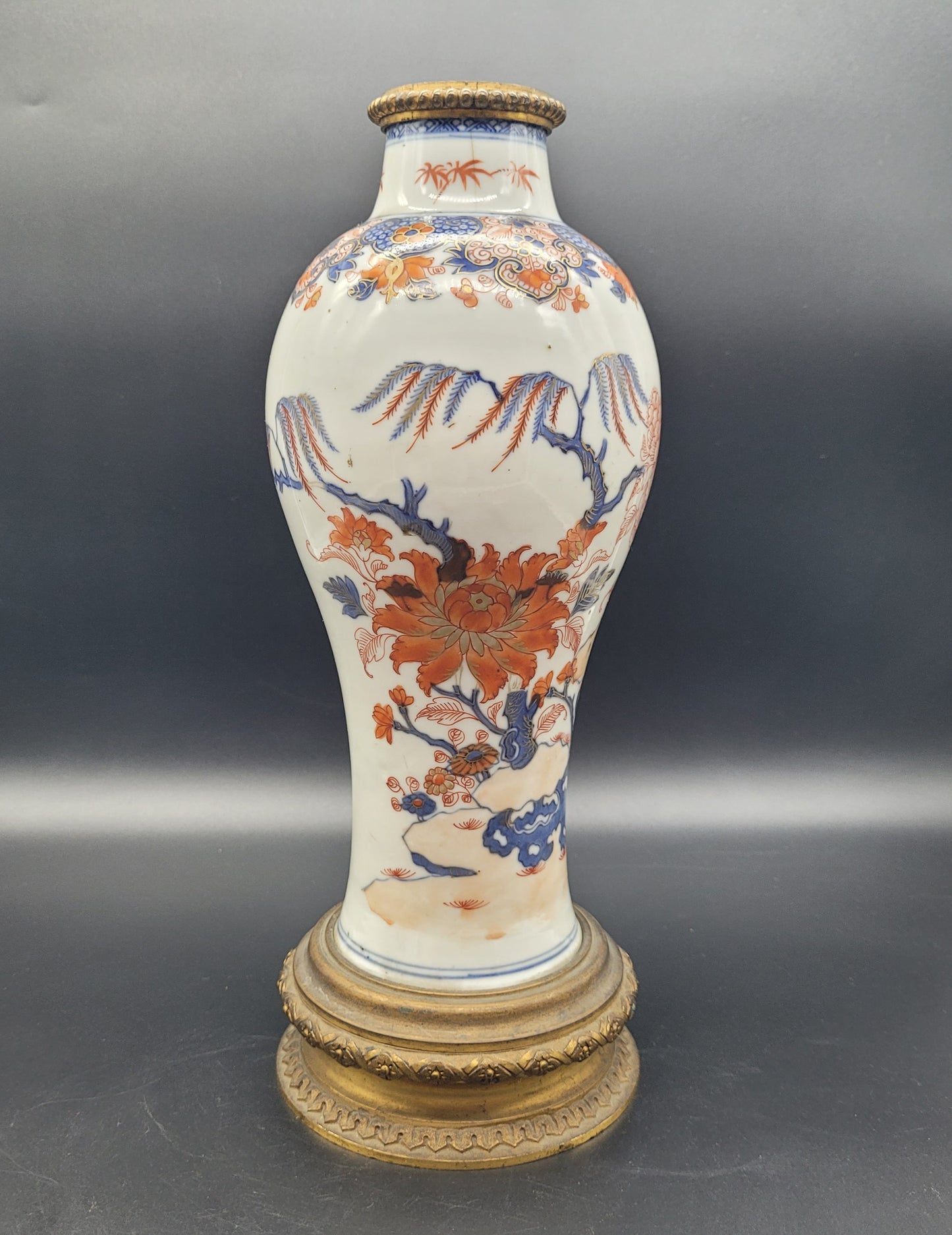 Antique Kangxi Period Chinese Imari Porcelain Vase, With 19th Century Gilt Bronze Mount