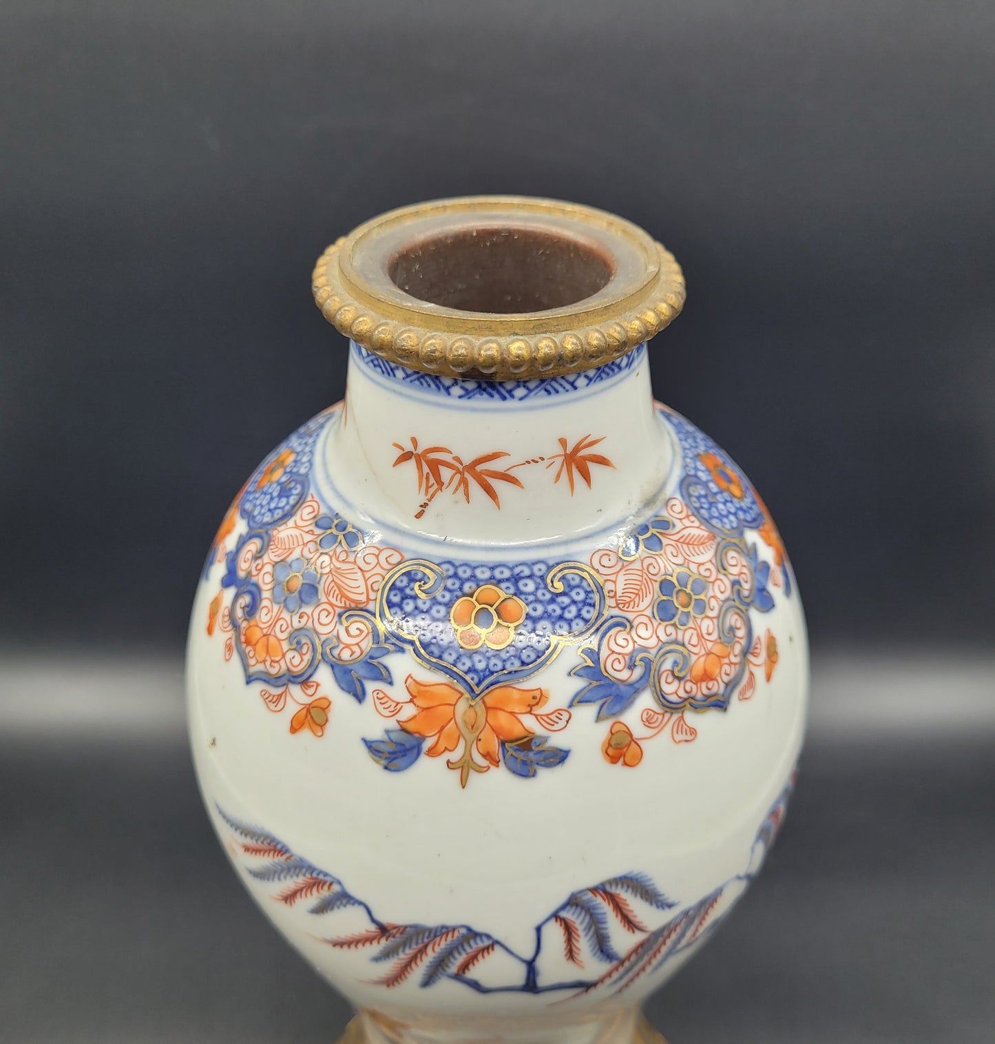 Antique Kangxi Period Chinese Imari Porcelain Vase, With 19th Century Gilt Bronze Mount