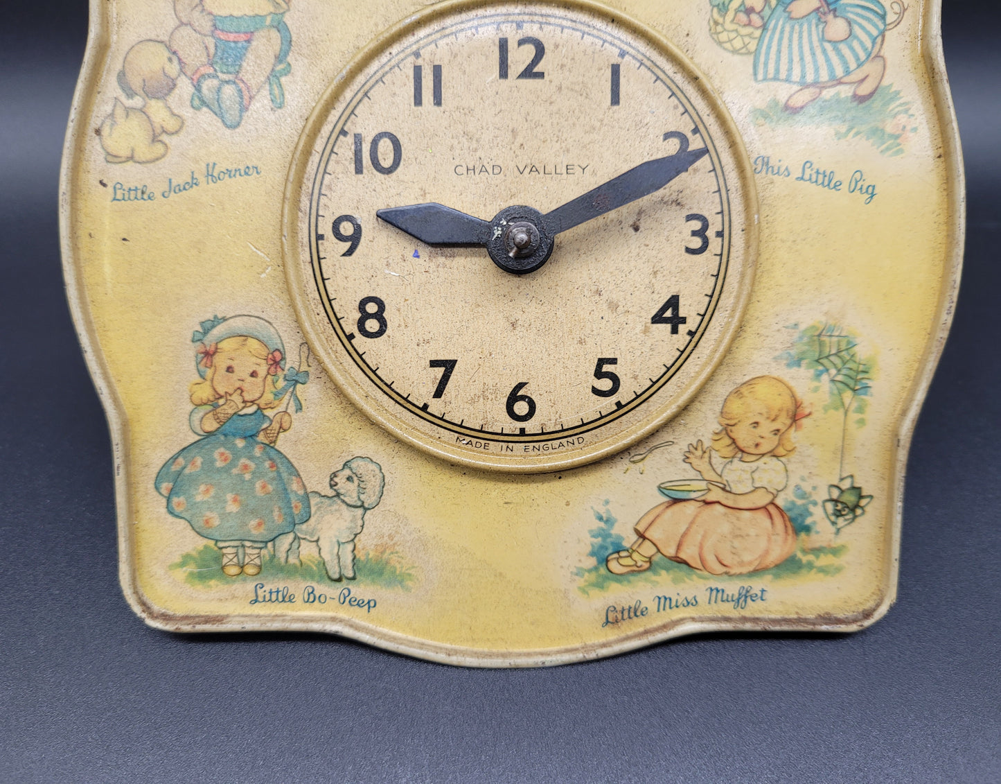 Vintage 1950s child's nursery rhyme clock by Chad Valley