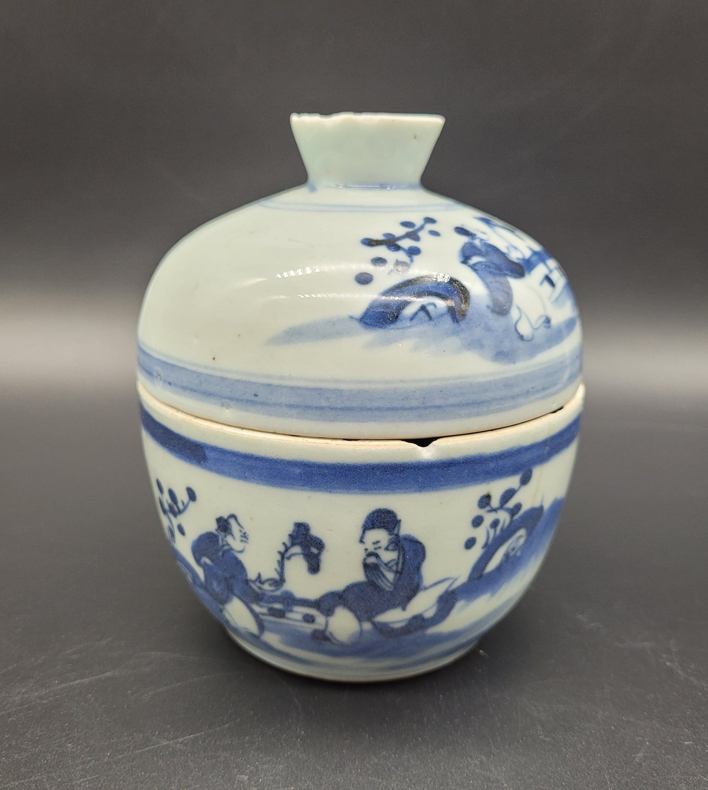 Antique Chinese porcelain lidded jar 19th Century scholars in a landscape