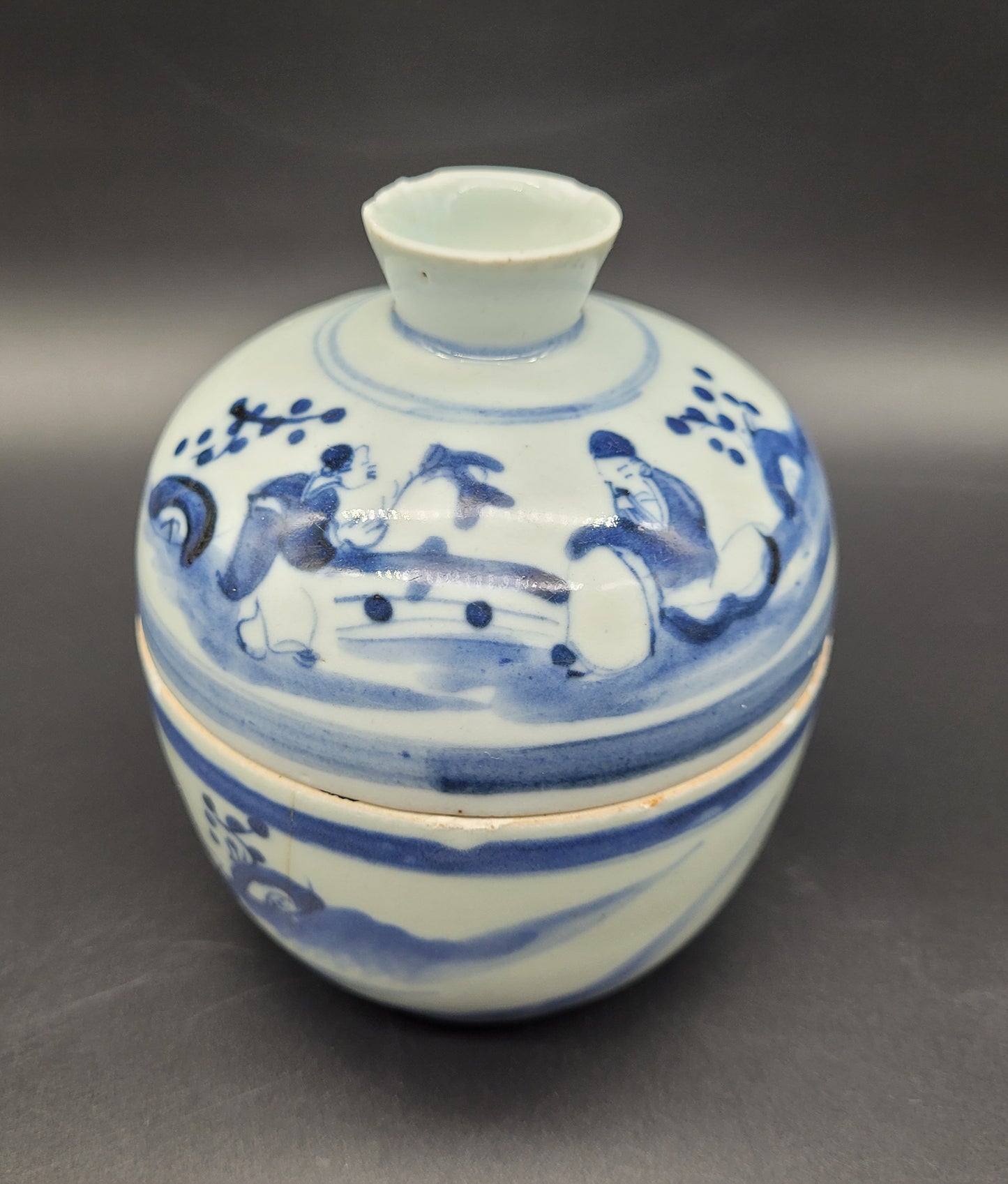Antique Chinese porcelain lidded jar 19th Century scholars in a landscape