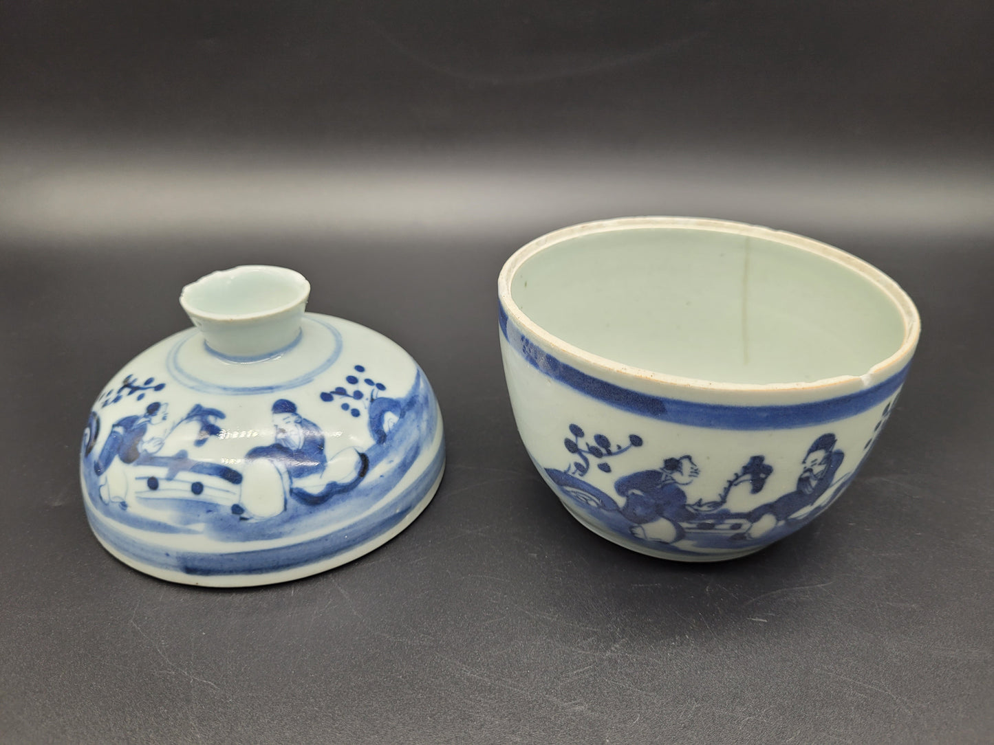 Antique Chinese porcelain lidded jar 19th Century scholars in a landscape