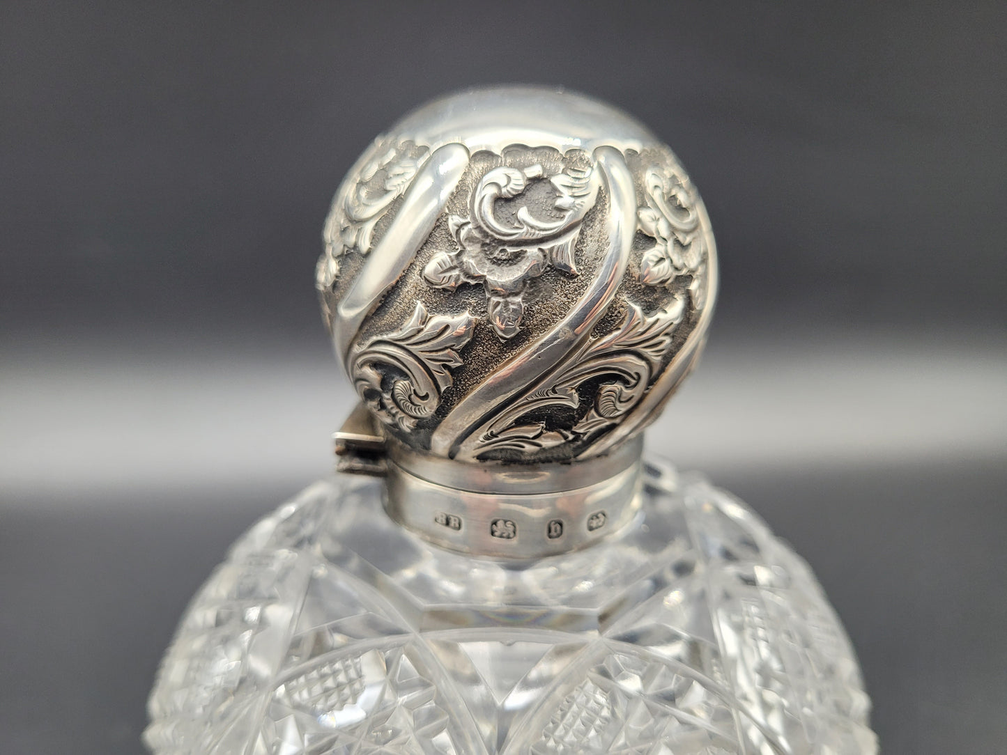 LARGE Antique Sterling Silver Top Scent Perfume Bottle Cut Crystal with Stopper