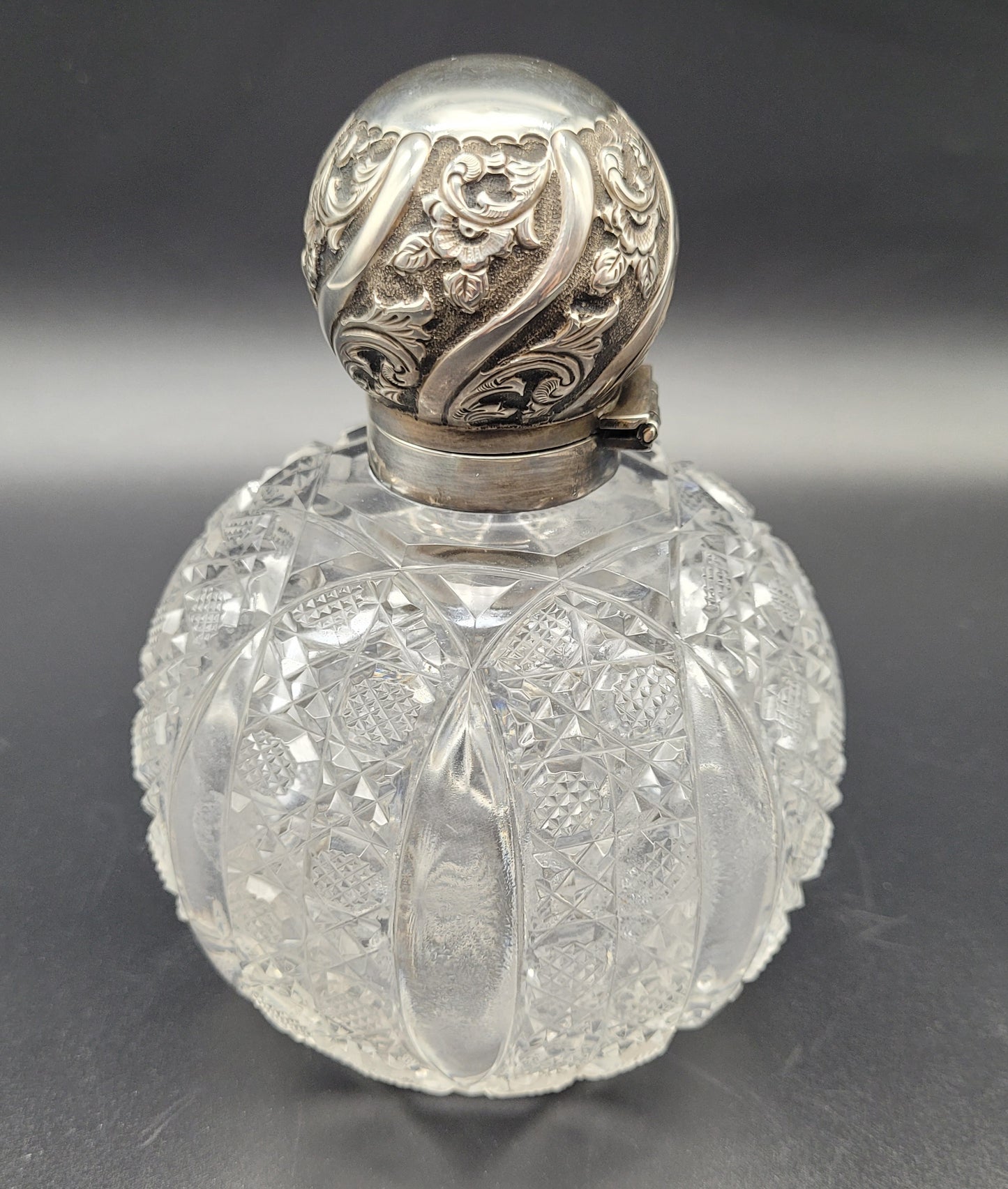 LARGE Antique Sterling Silver Top Scent Perfume Bottle Cut Crystal with Stopper