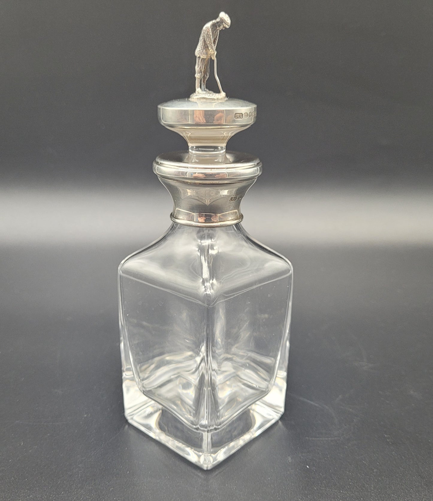 Sterling Silver & Crystal Golf Whiskey Decanter Bottle Silver Golfer Stopper