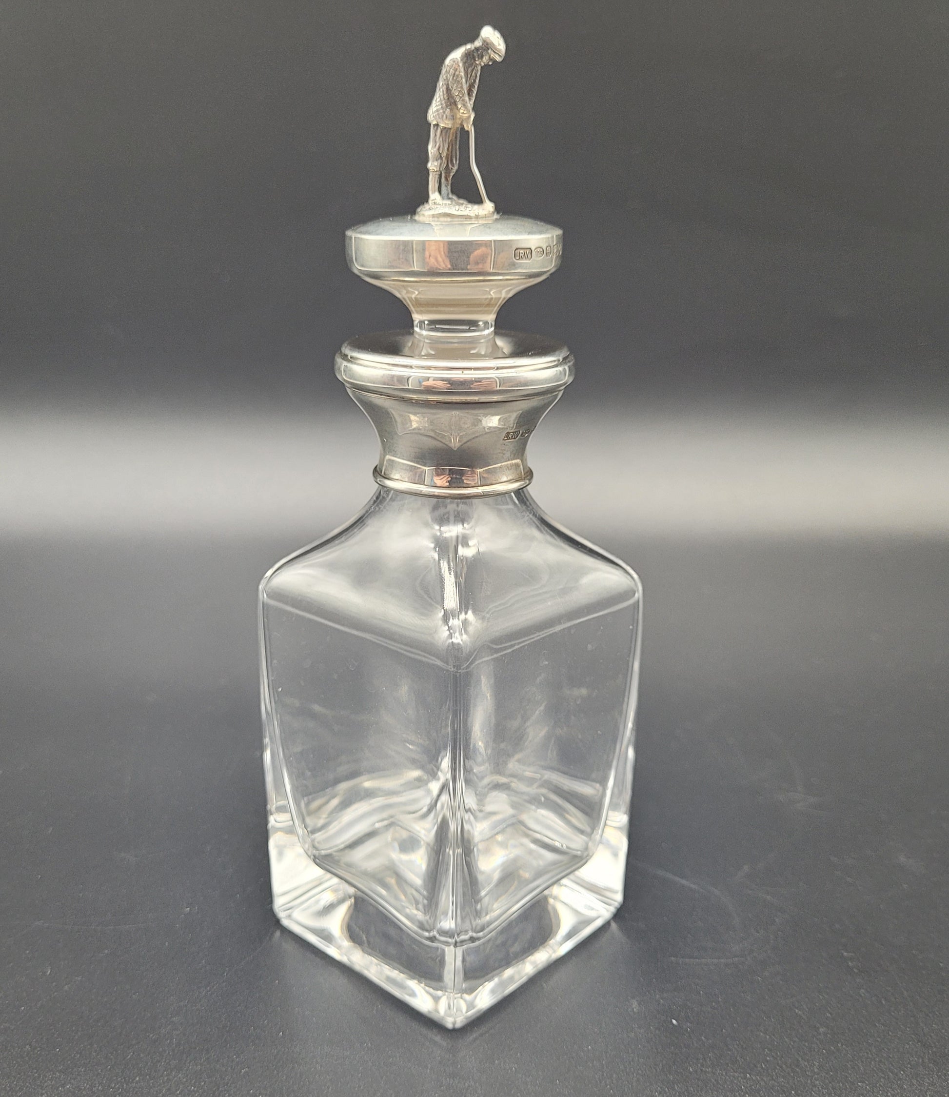 Sterling Silver & Crystal Golf Whiskey Decanter Bottle Silver Golfer Stopper