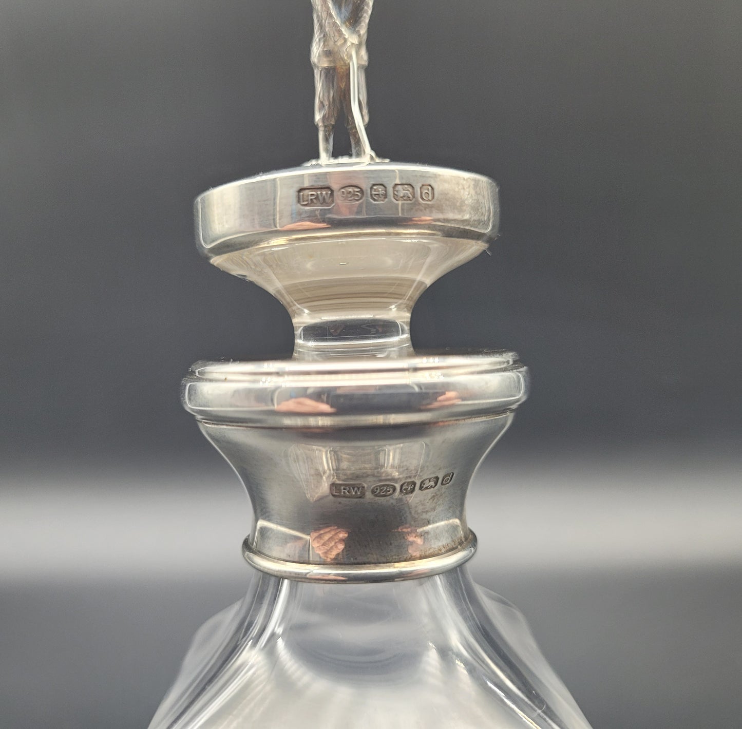 Antique / Vintage Sterling Silver & Crystal Golf Whiskey Decanter Bottle Silver Golfer Stopper