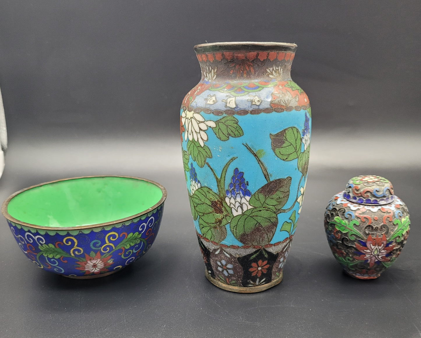 Antique Chinese Japanese Cloisonne Vase Ginger Jar Bowl 3 Pieces