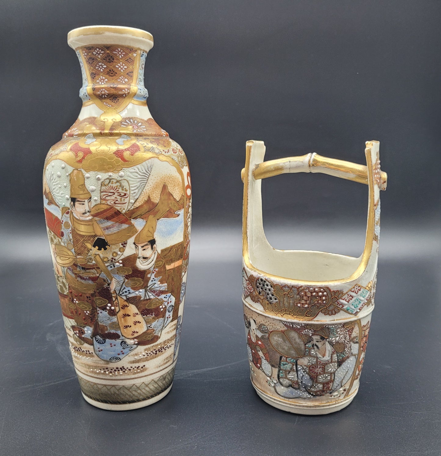 Japanese Meiji Satsuma Antique Vase & Bucket 19th Century