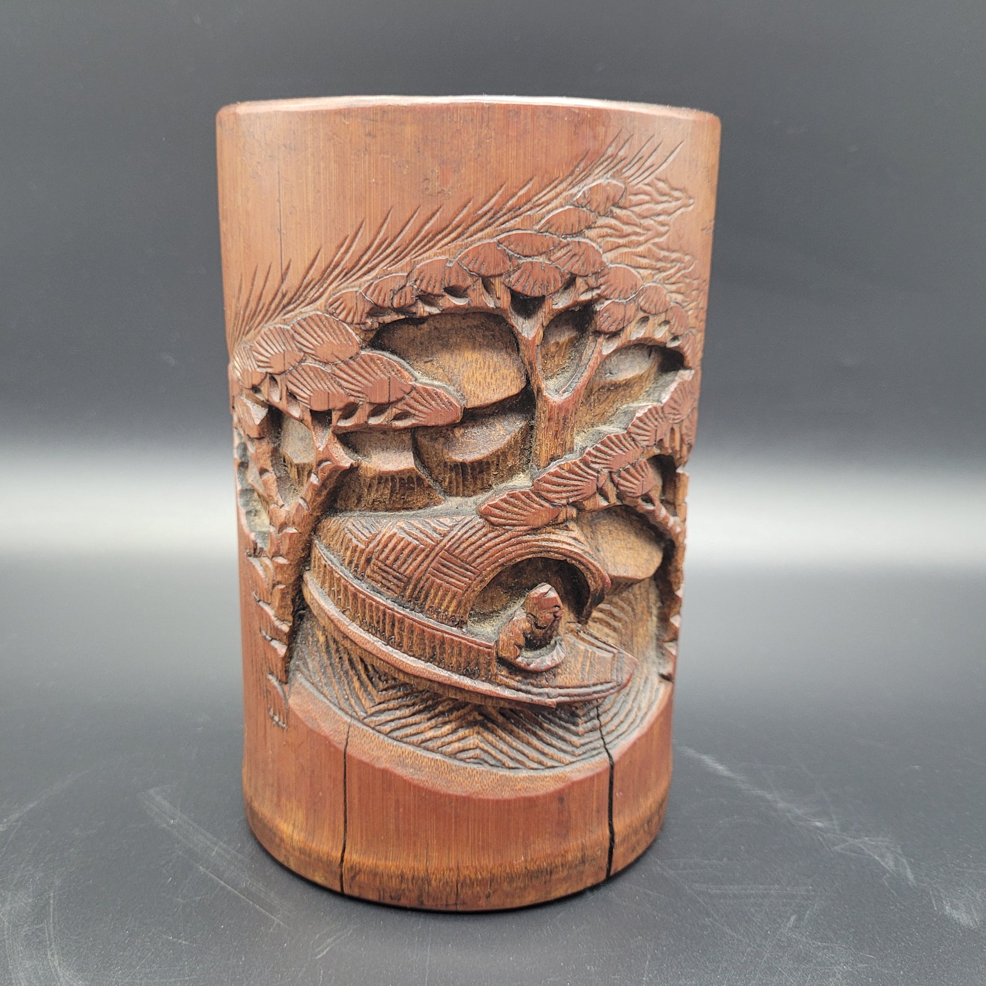 Chinese Qing 19th Century Carved Bamboo Brush Pot
