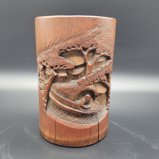 Chinese Qing 19th Century Carved Bamboo Brush Pot