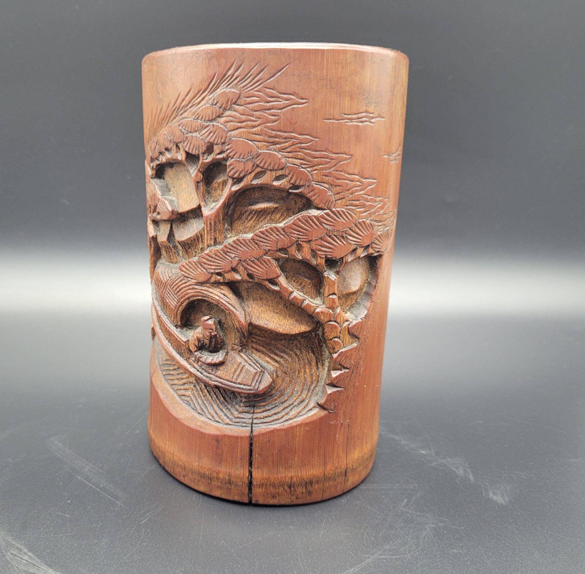 Chinese Qing 19th Century Carved Bamboo Brush Pot