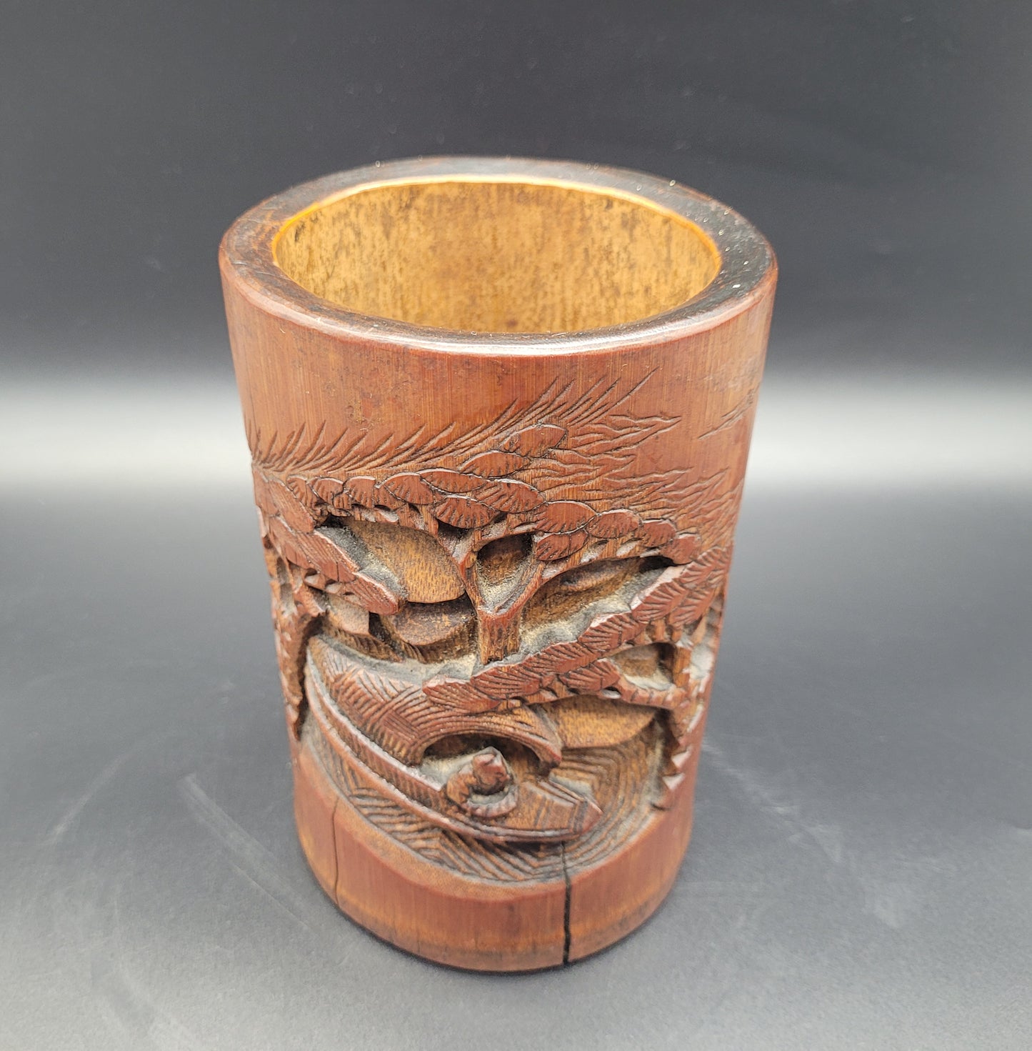Chinese Qing 19th Century Carved Bamboo Brush Pot
