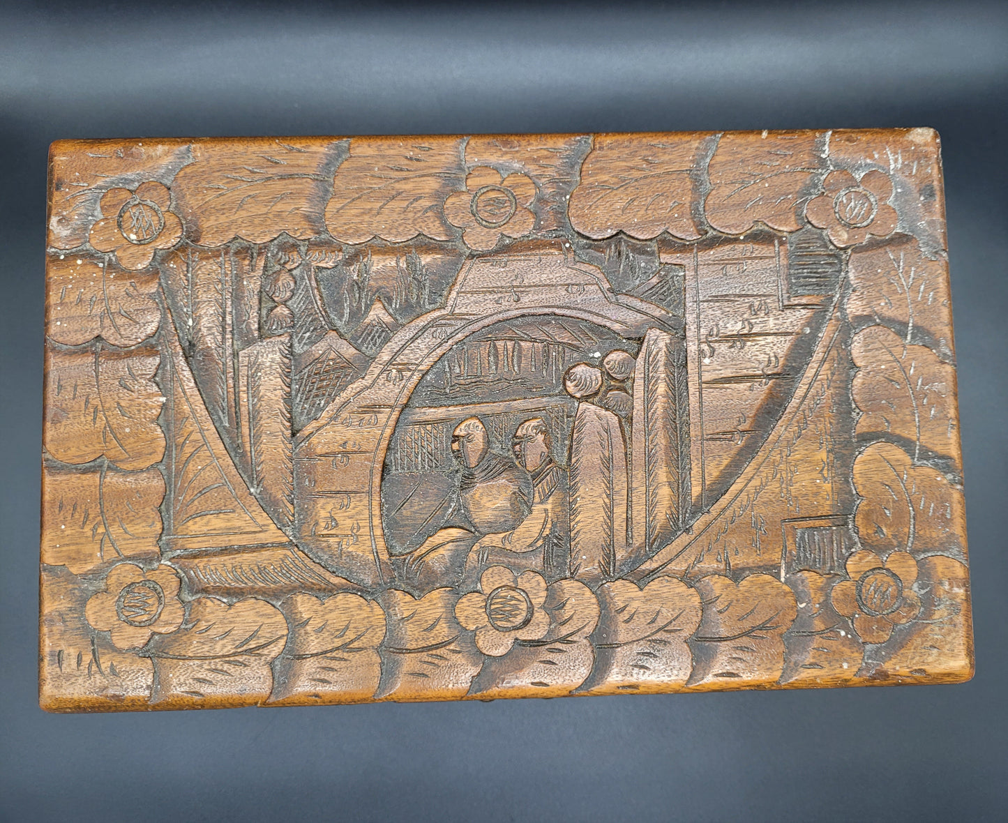 Antique Chinese Wooden Box carved with Chinese figures