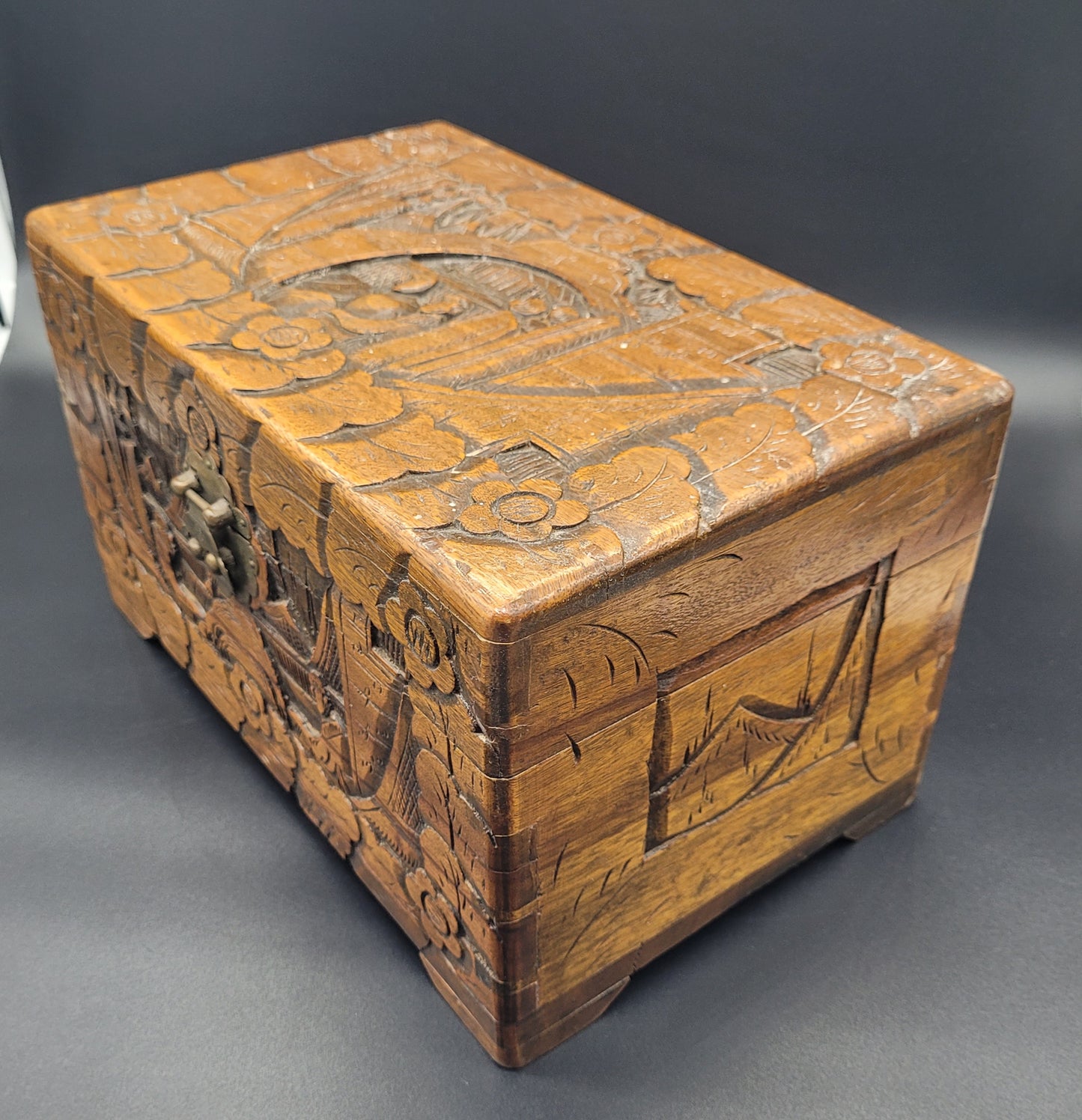 Antique Chinese Carved Wooden Box with brass locks