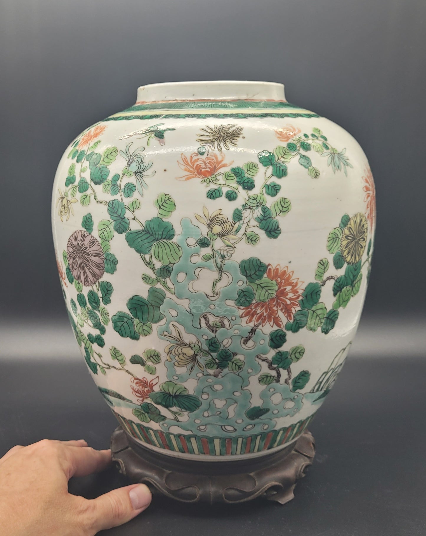 Chinese Famille Vert LARGE Ginger Jar & Carved Wooden Stand 19th Century