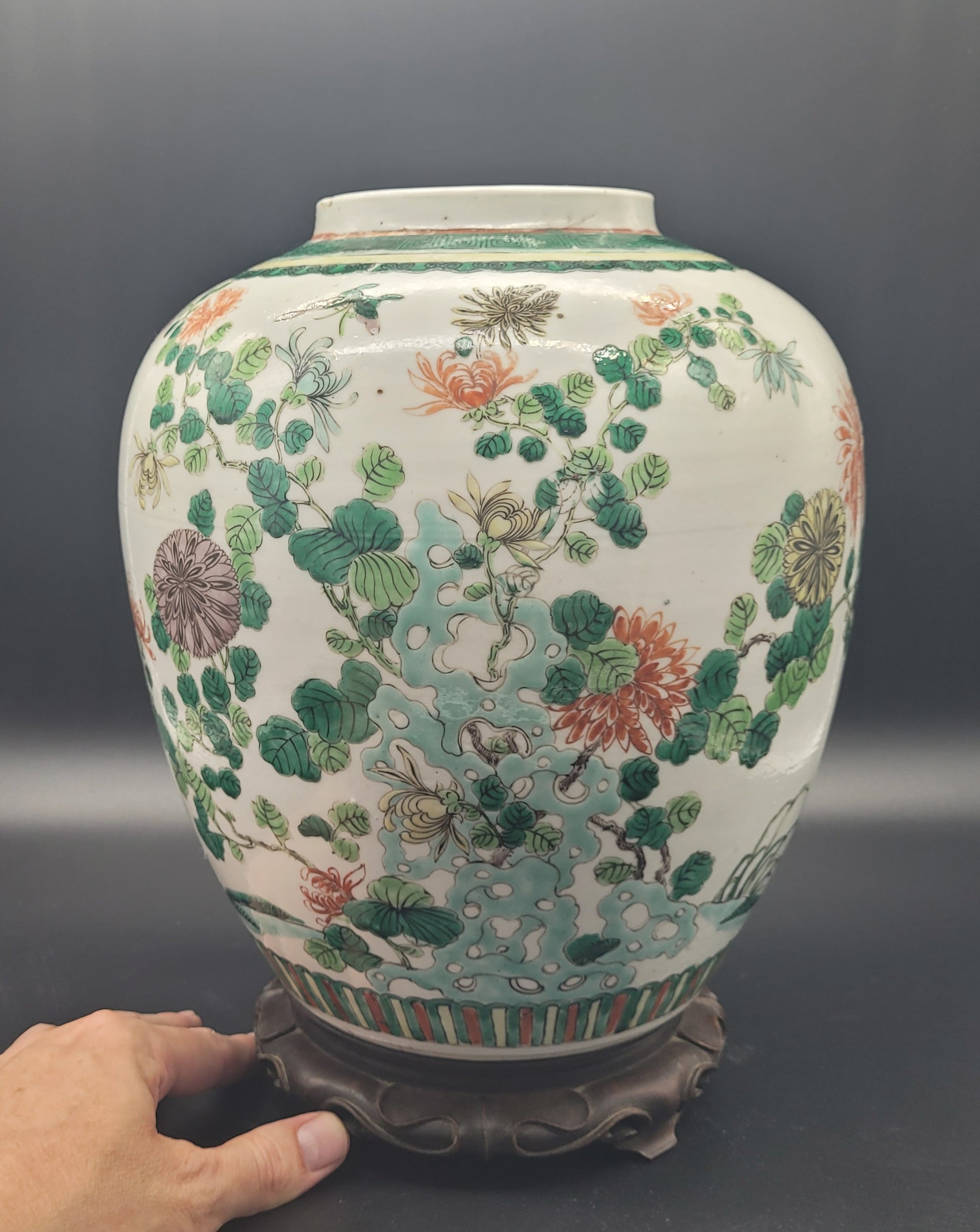Chinese Famille Vert LARGE Ginger Jar & Carved Wooden Stand 19th Century