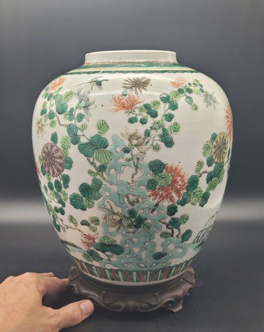 Chinese Famille Vert LARGE Ginger Jar & Carved Wooden Stand 19th Century