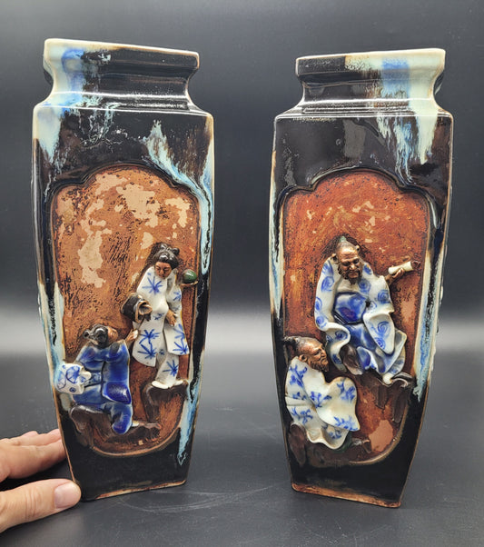 Highly Detailed Japanese Meiji Sumida Gawa Pottery Vases Signed By The Artist for sale at KB antiques