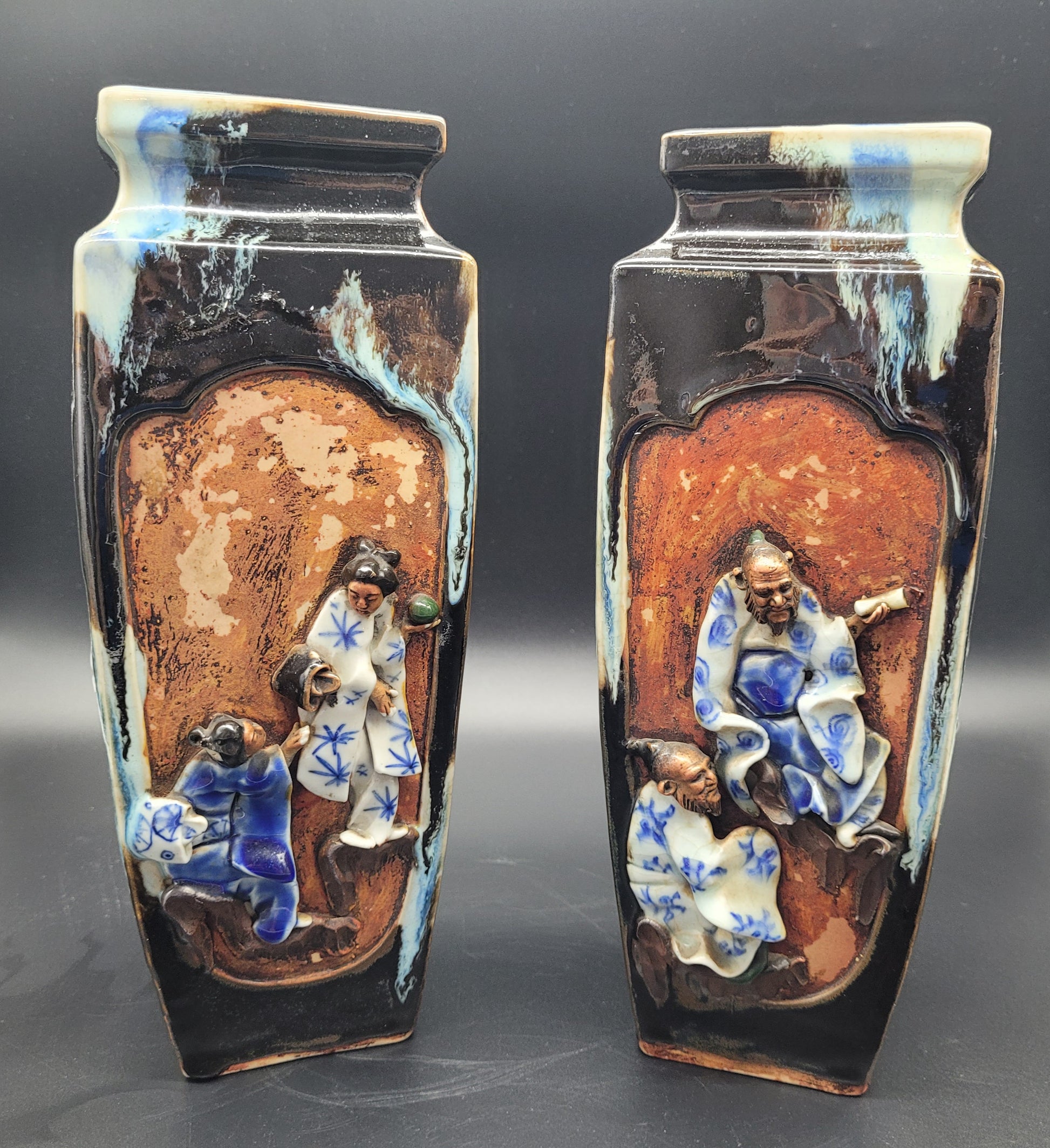 Highly Detailed Japanese Meiji Sumida Gawa Pottery Vases Signed By The Artist   Late 19th Century Meiji period