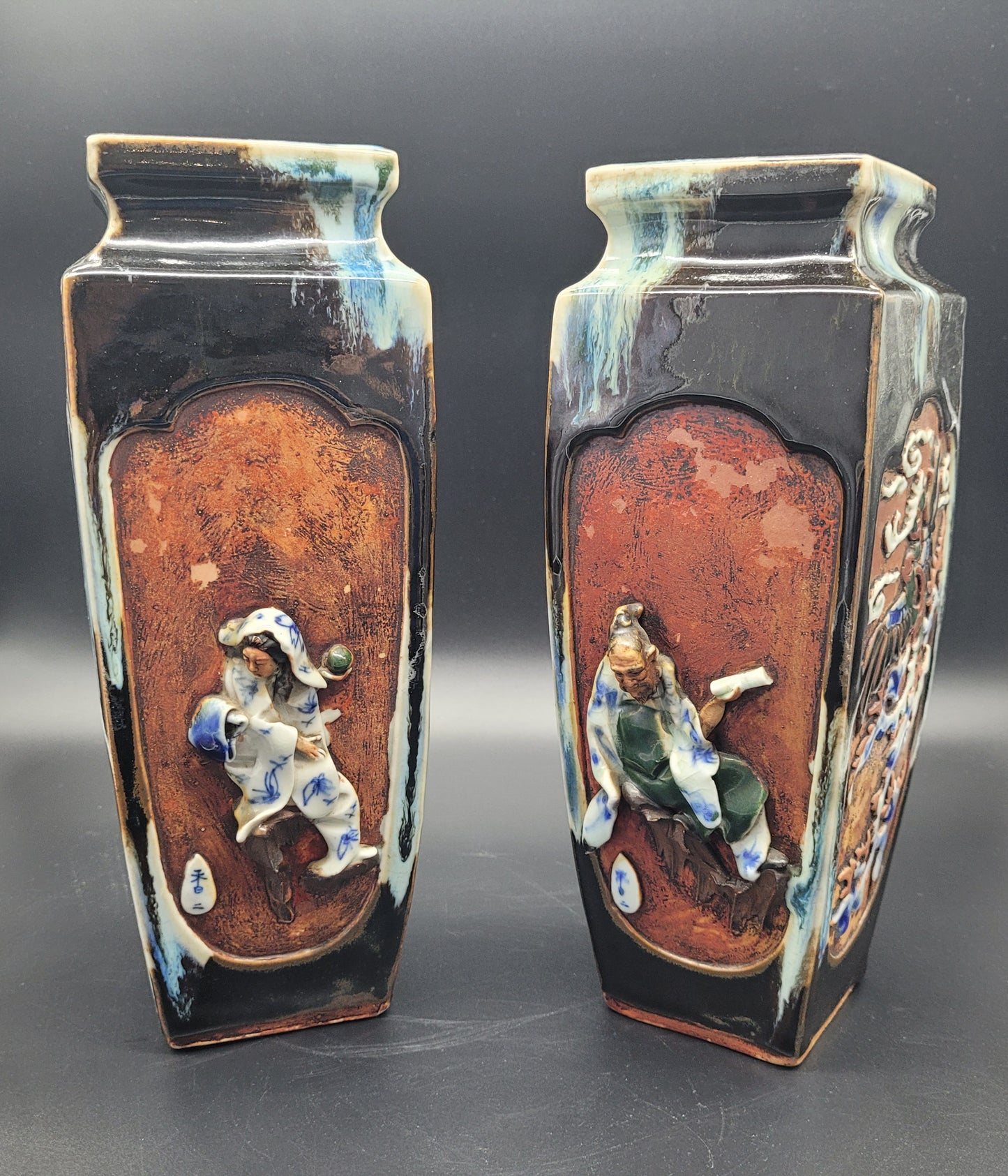 Highly Detailed Japanese Meiji Sumida Gawa Pottery Vases Signed By The Artist Late 19th Century Meiji period ANTIQUES USA