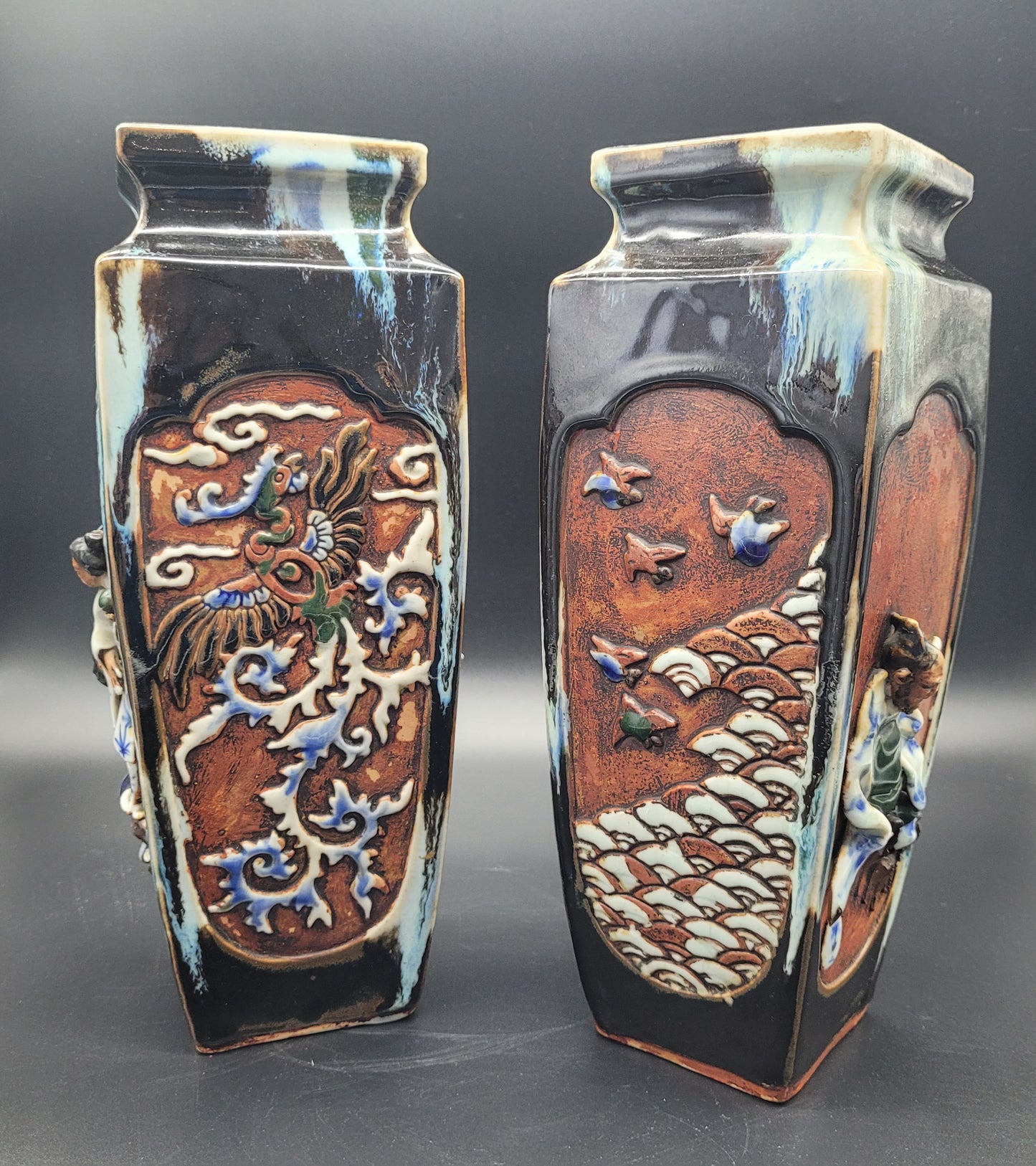 Highly Detailed Japanese Meiji Sumida Gawa Pottery Vases Signed By The Artist Late 19th Century Meiji period ANTIQUES UK