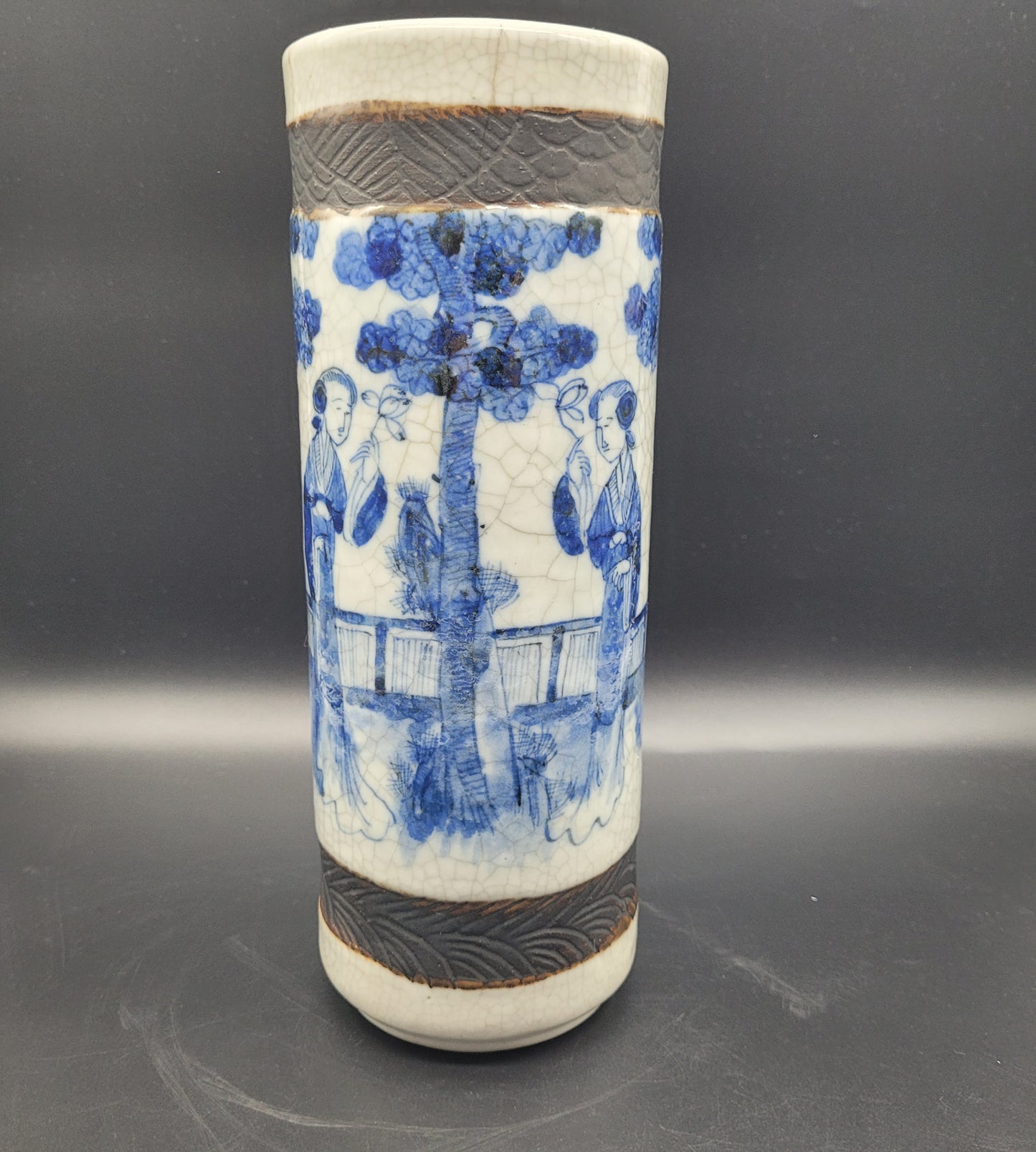 Antiques USA Really Nice Blue & White Crackle Glaze Chinese Nanking Qing Brush Pot / Vase