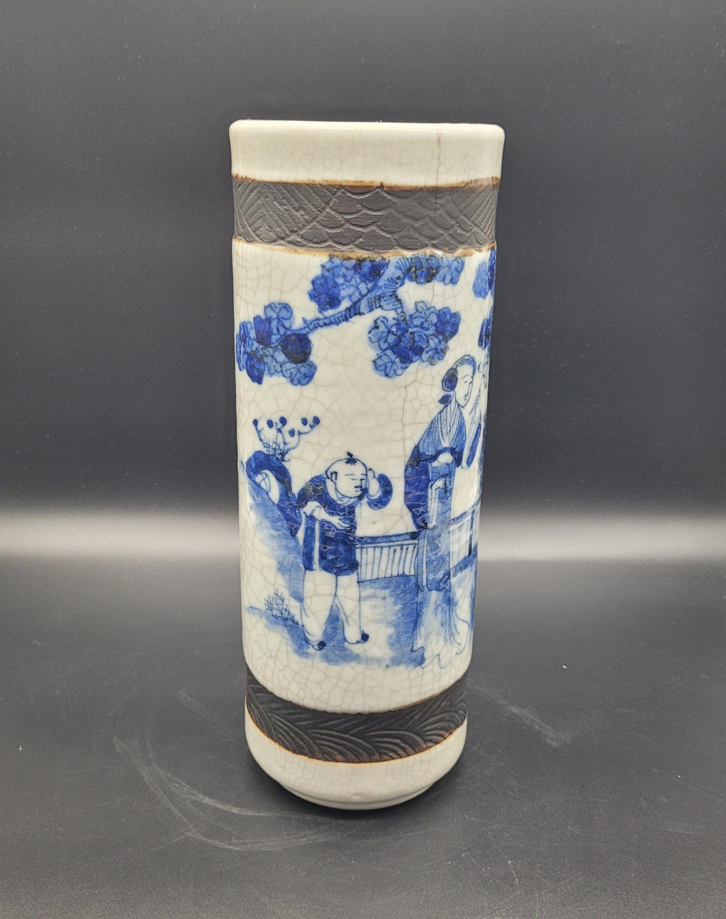 BUY ANTIQUES ONLINE Really Nice Blue & White Crackle Glaze Chinese Nanking Qing Brush Pot / Vase