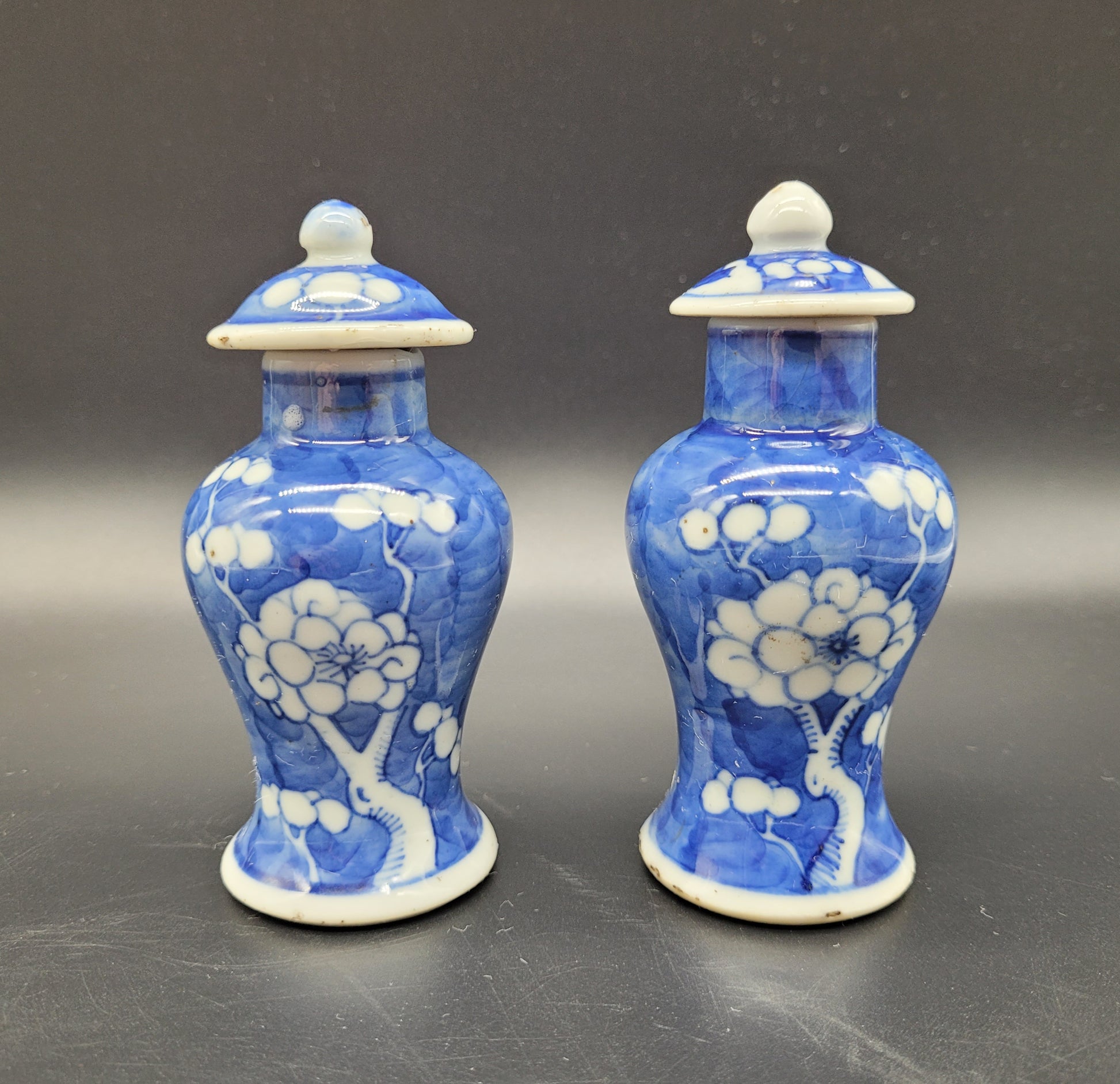 Two really good Chinese Antique Miniature Prunus Pattern Flower Vases  Dating to the 19th Century   Both vases are signed with a nicely done 4 character mark