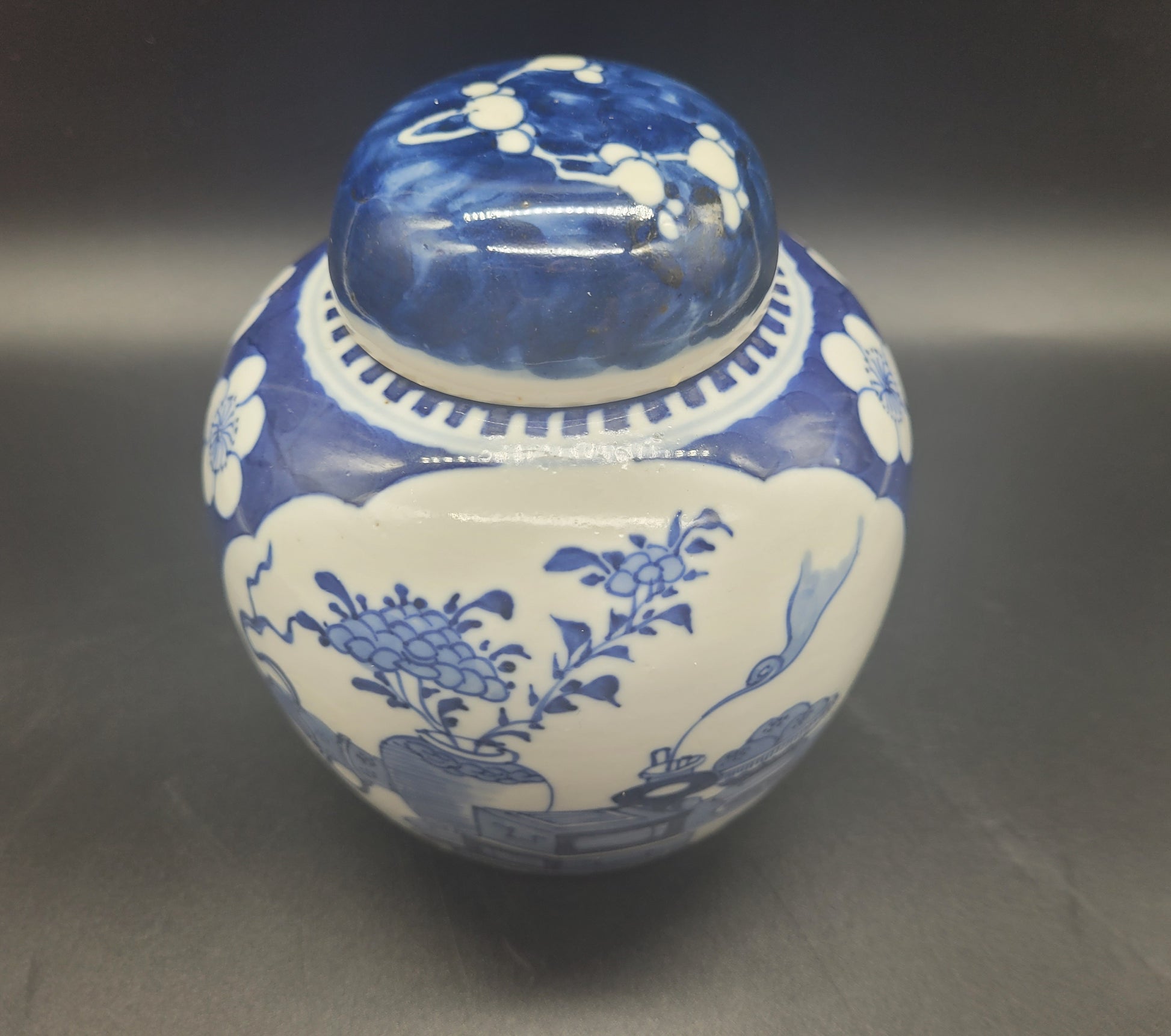 ANTIQUES ONLINE Hand Painted Chinese 19th Century Ginger Jar & Lid Decorated in the Prunus Precious Objects Pattern 4 Character Mark