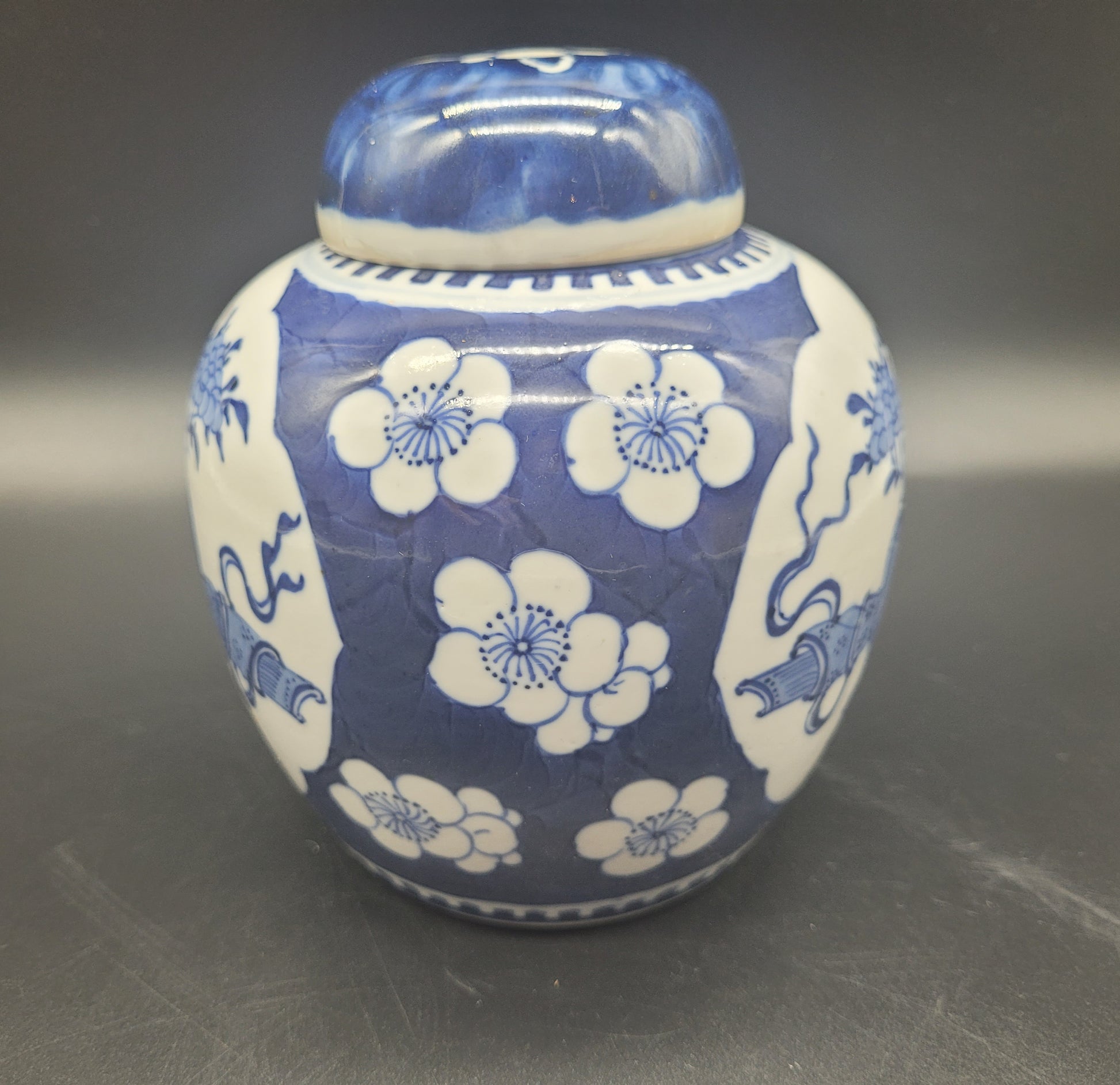 Hand Painted Chinese 19th Century Ginger Jar & Lid Decorated in the Prunus Precious Objects Pattern 4 Character Mark  KB ANTIQUES & JEWELLERY