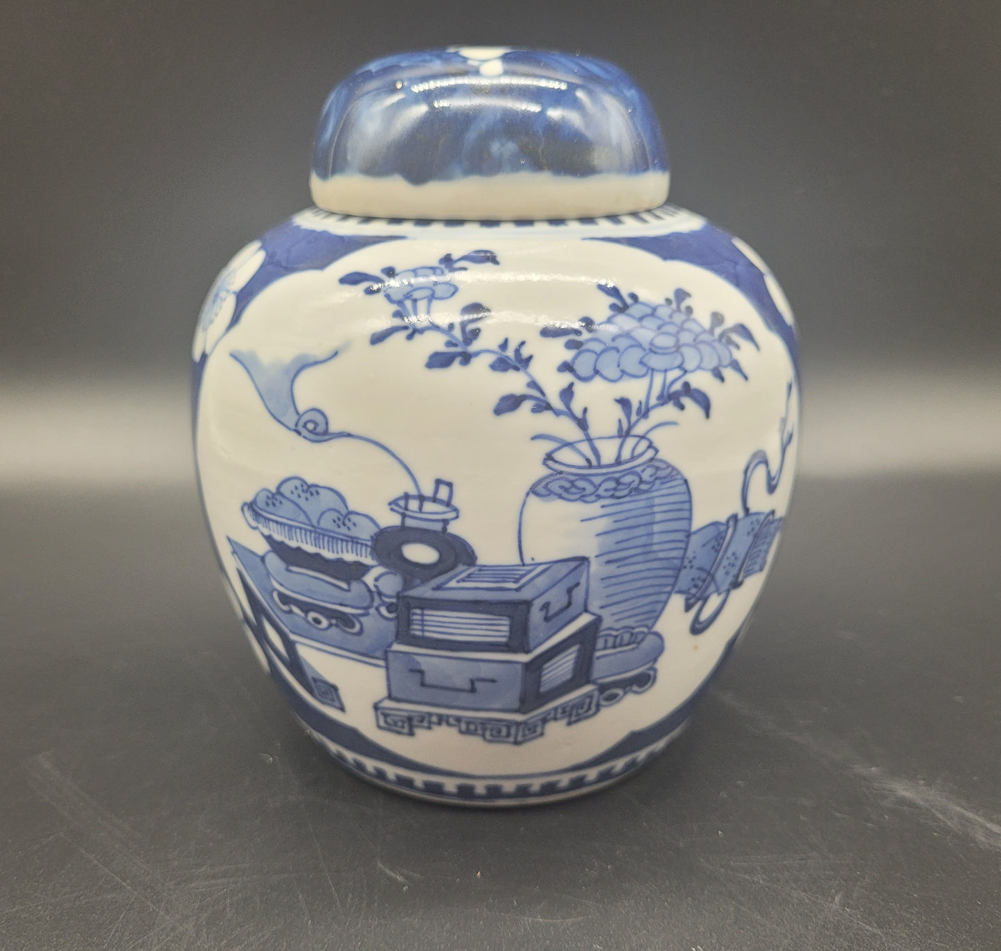 ANTIQUES & COLLECTABLES USA Hand Painted Chinese 19th Century Ginger Jar & Lid Decorated in the Prunus Precious Objects Pattern 4 Character Mark