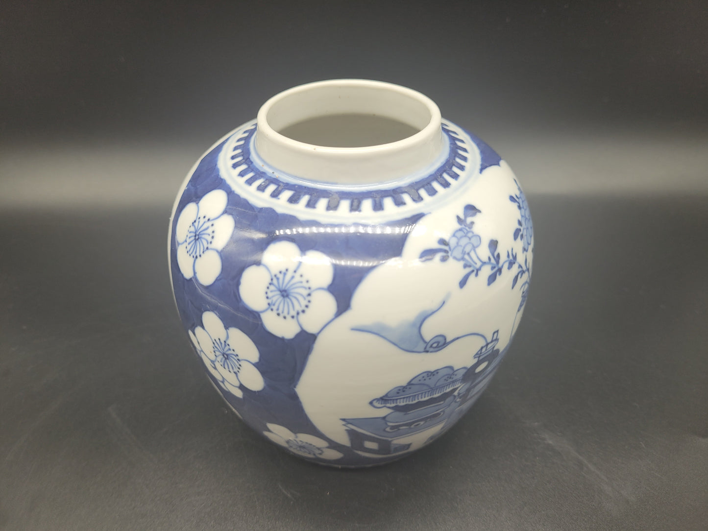 BUY ANTIQUES ONLINE Hand Painted Chinese 19th Century Ginger Jar & Lid Decorated in the Prunus Precious Objects Pattern 4 Character Mark