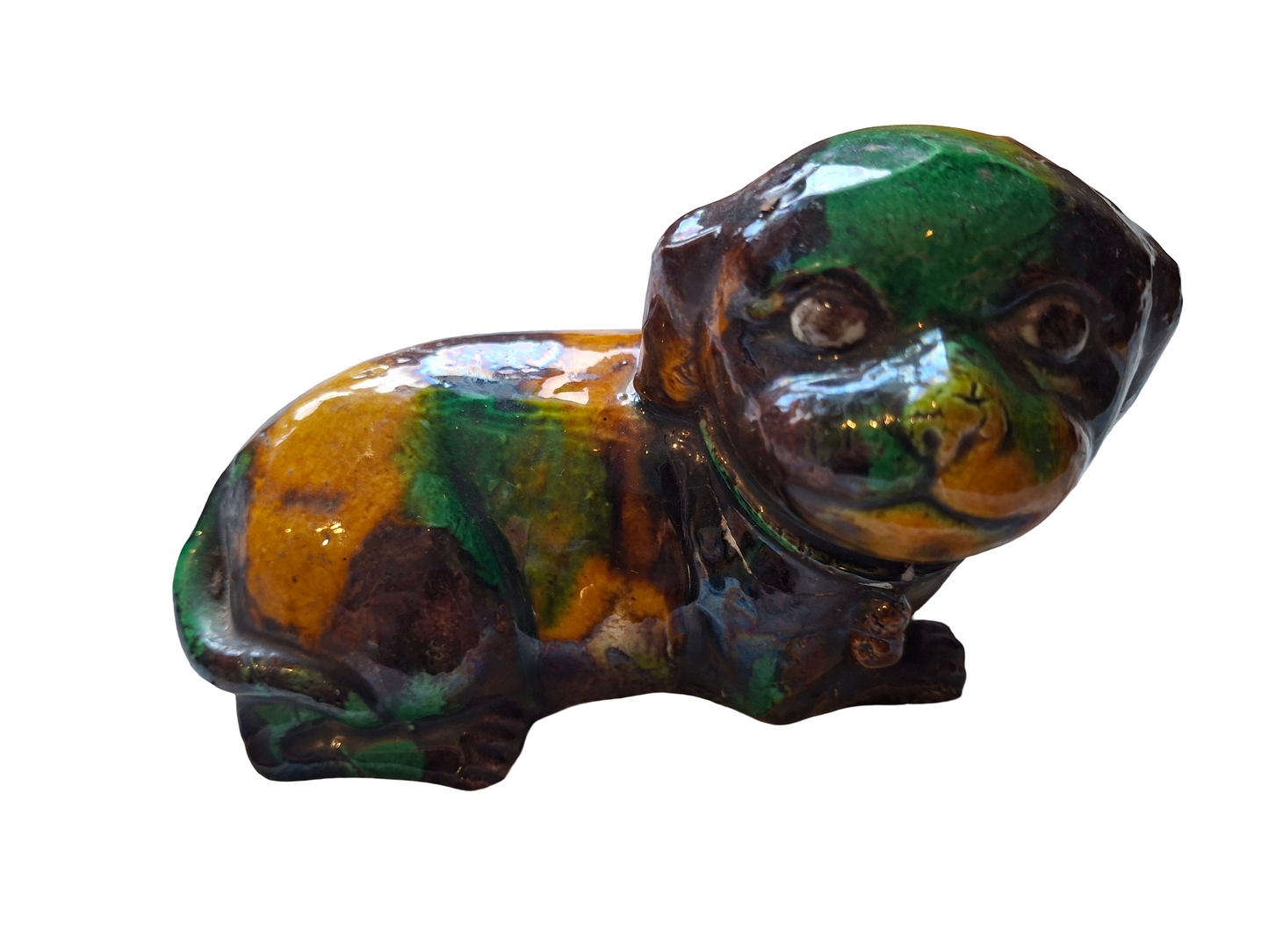 Kangxi Chinese Antique 'egg and spinach'-glazed biscuit porcelain figure of a Dog