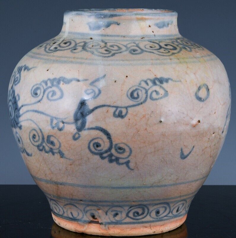 EARLY ANTIQUE CHINESE BLUE & WHITE LOTUS JAR YUAN EARLY MING DYNASTY