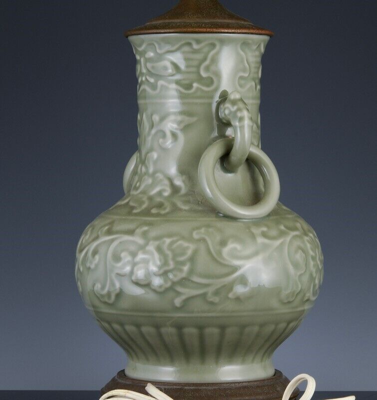ANTIQUE CHINESE LONGQUAN CELADON GLAZE ARCHAISTIC CARVED VASE LAMP