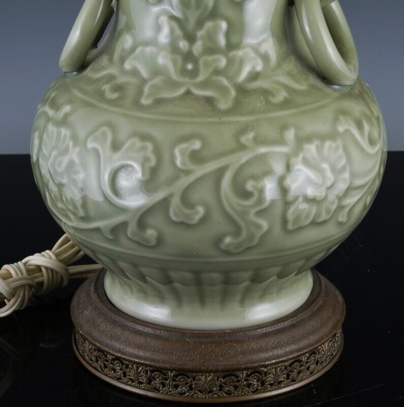 ANTIQUE CHINESE LONGQUAN CELADON GLAZE ARCHAISTIC CARVED VASE LAMP