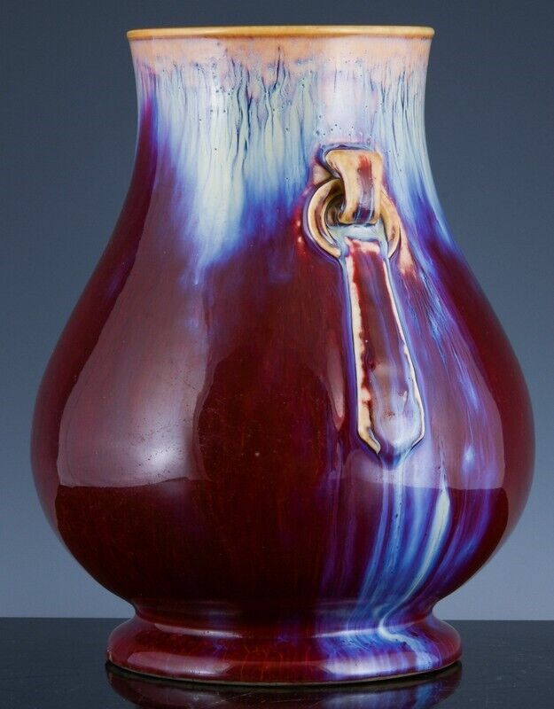 RARE ANTIQUE CHINESE RED BLUE FLAMBE GLAZE HANDLED HU VASE YONGZHENG SEAL