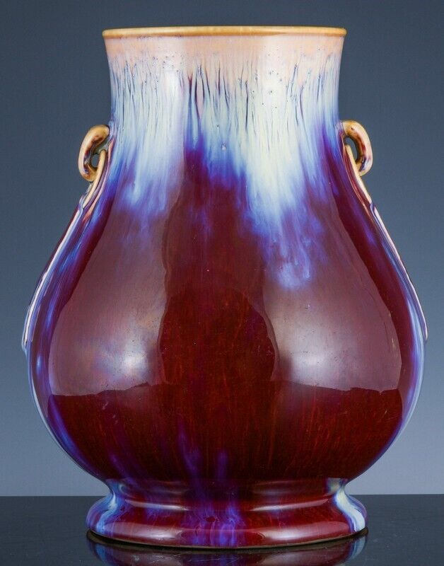 RARE ANTIQUE CHINESE RED BLUE FLAMBE GLAZE HANDLED HU VASE YONGZHENG SEAL