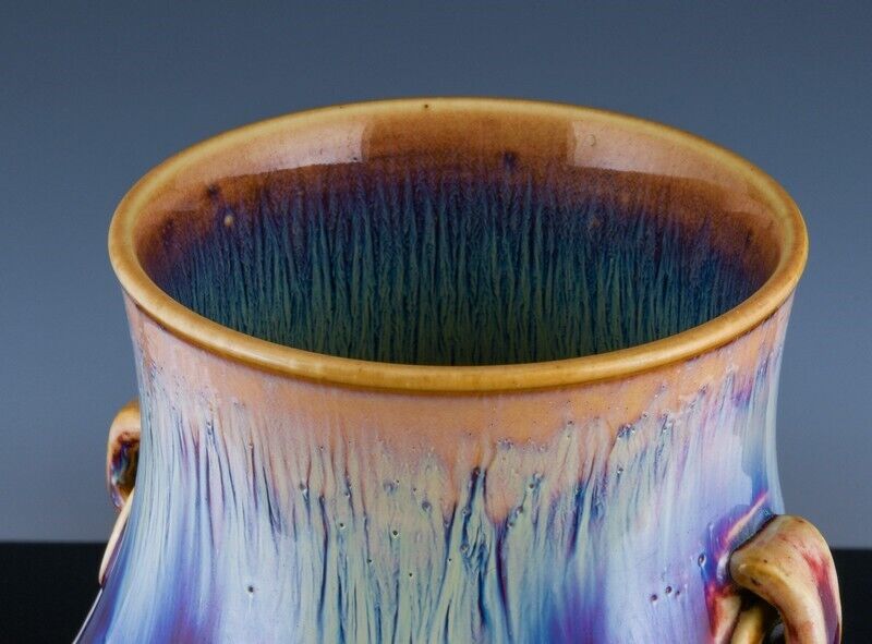 RARE ANTIQUE CHINESE RED BLUE FLAMBE GLAZE HANDLED HU VASE YONGZHENG SEAL