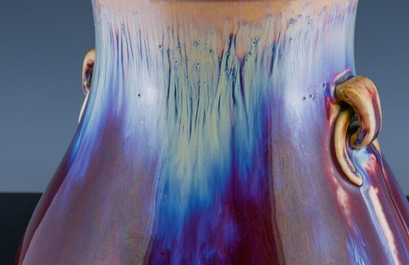 RARE ANTIQUE CHINESE RED BLUE FLAMBE GLAZE HANDLED HU VASE YONGZHENG SEAL