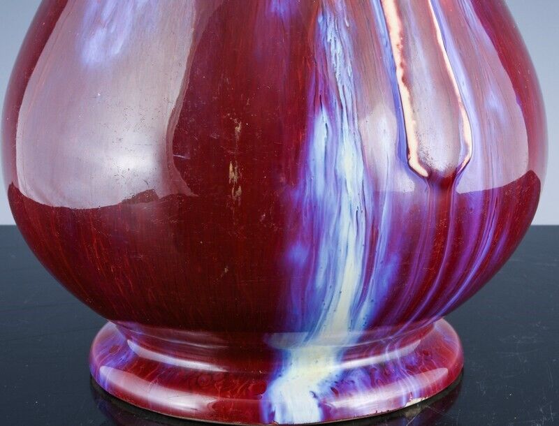 RARE ANTIQUE CHINESE RED BLUE FLAMBE GLAZE HANDLED HU VASE YONGZHENG SEAL