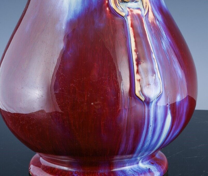 RARE ANTIQUE CHINESE RED BLUE FLAMBE GLAZE HANDLED HU VASE YONGZHENG SEAL