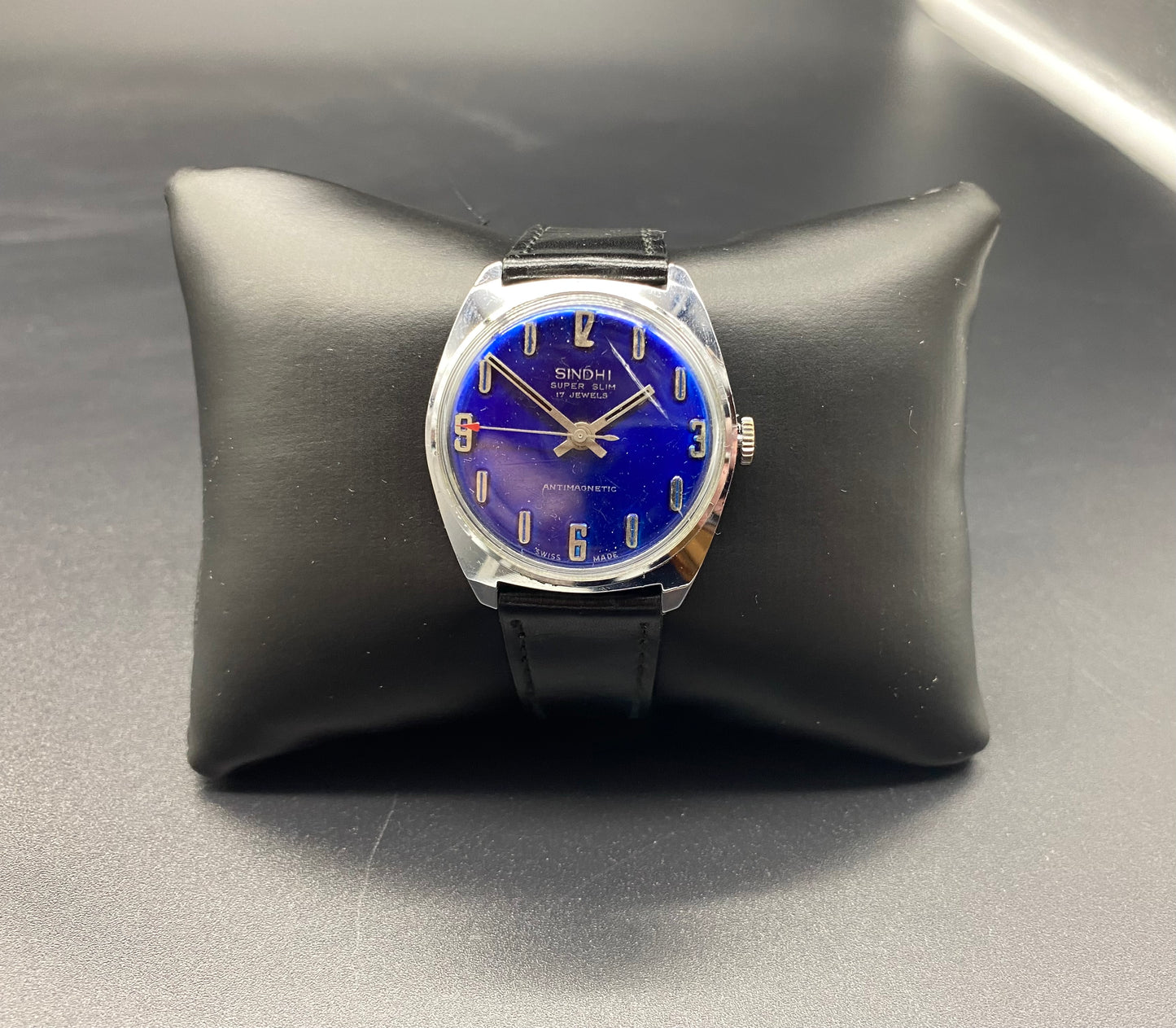 RARE 1970s Mens Automatic watch on Leather Strap with a Really Nice Blue Dial and Red Arrow Tipped Seconds Hand